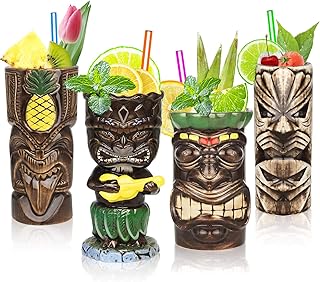 SuproBarware Tiki Mugs Set of 4– Ceramic Hawaiian Party Mugs Large Drinkware, Tiki Bar Mugs for Cocktails, Tropical Cups D...