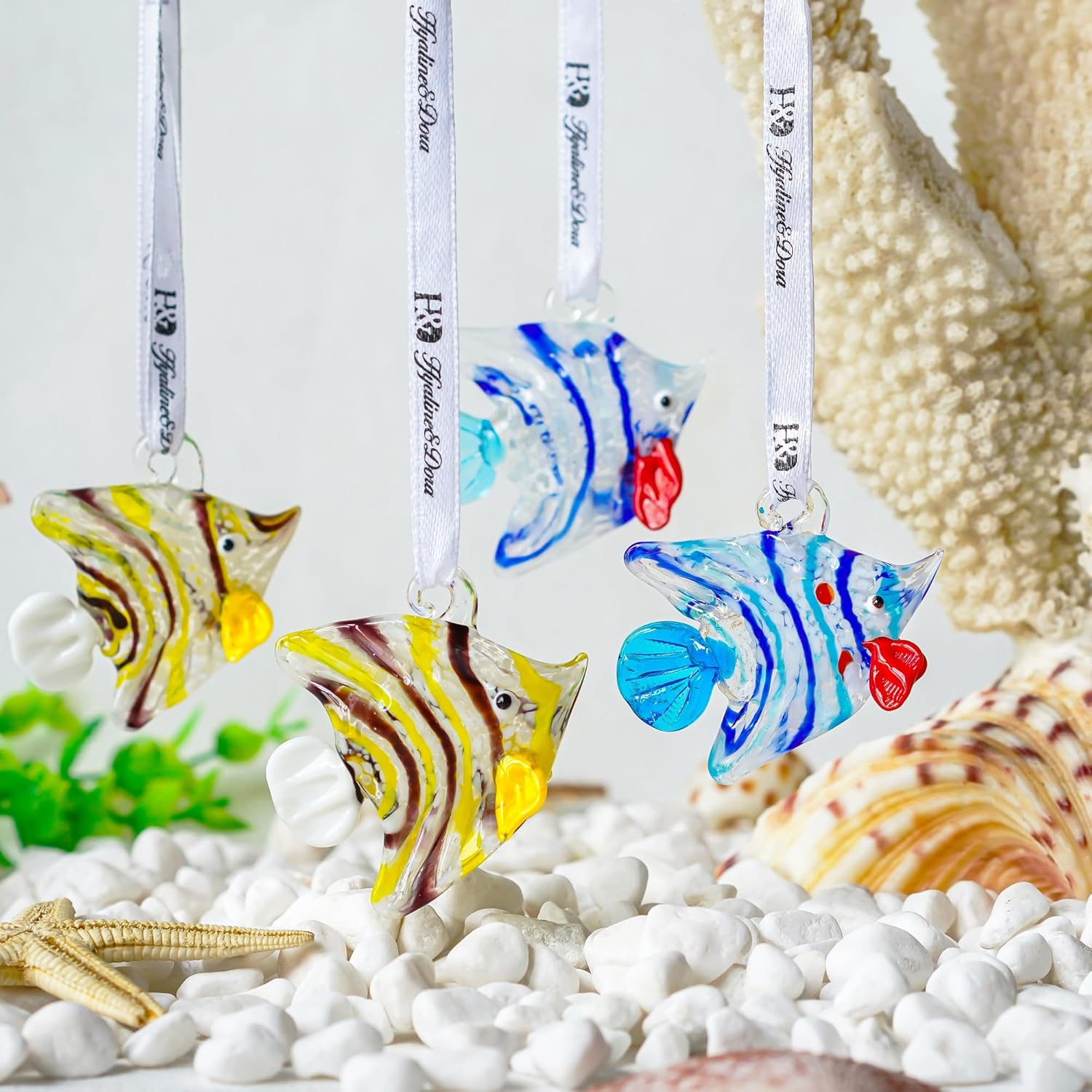 Set of 2 Blown Glass Tropical Fish Ornament for Christmas Tree Collection Art Glass Marine Life Decorative Hanging Christmas Ornaments for Tree,Holiday Home Decorations,2inch