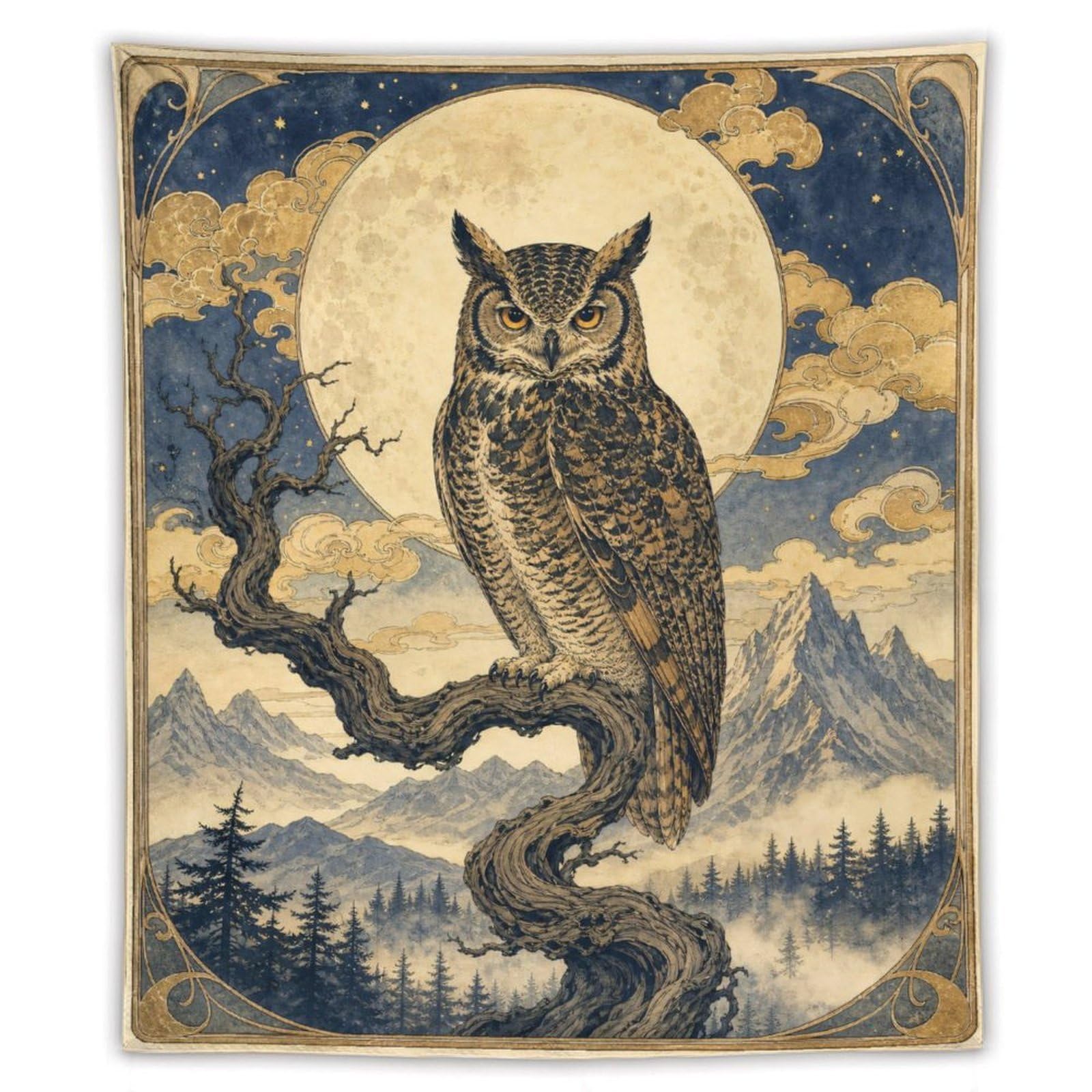 W7C8U2X3 Moon Owl in Forest Wall Tapestry, Vintage Poster, Moonlit Stage