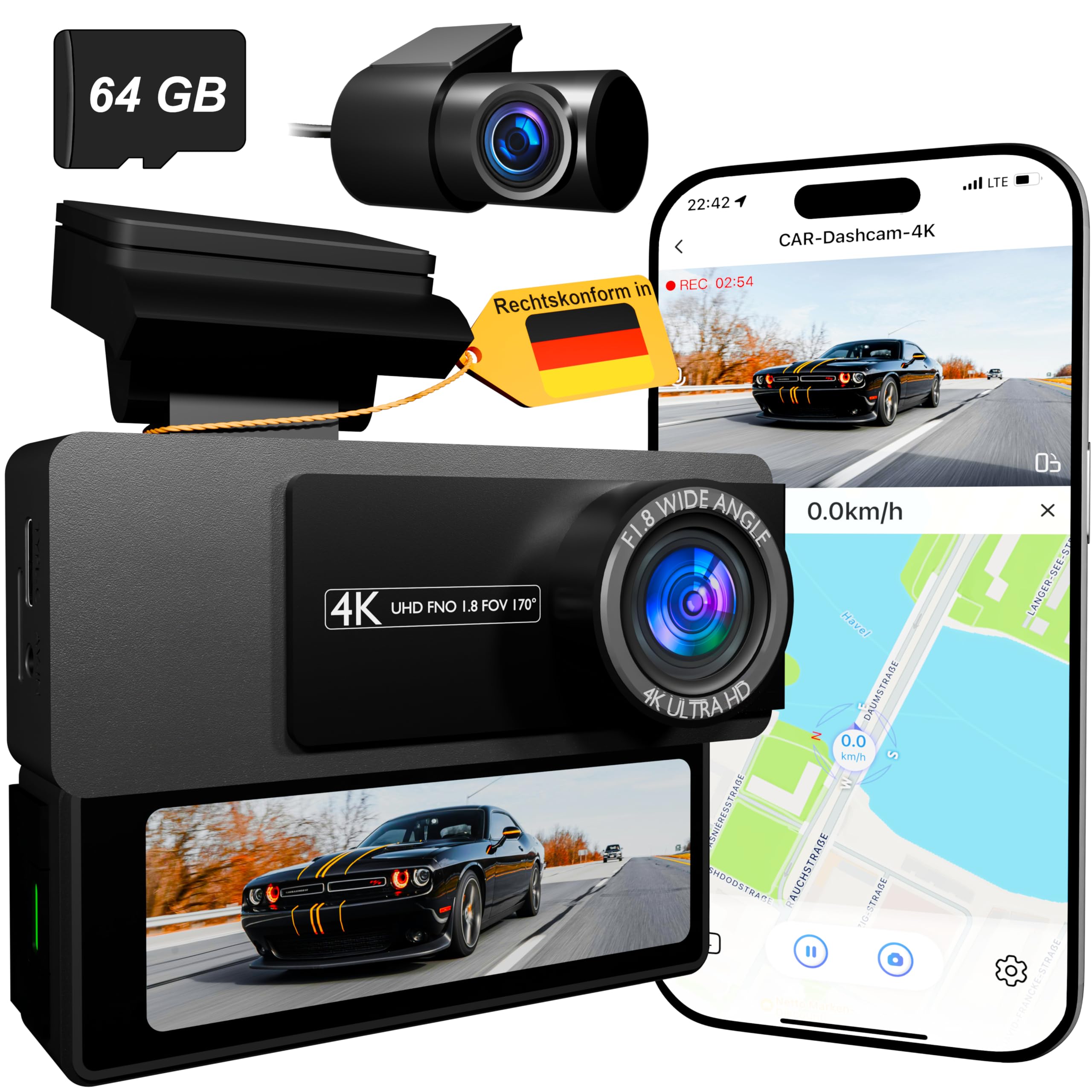 Dashcam Vorne+Hinten 4K/2K inkl. 64GB SD-Karte, 3,2" IPS Bildschirm, Night Vision, Parkraumüberwachung, Loop-Aufnahme, G-Sensor, WDR, GPS, WiFi, App