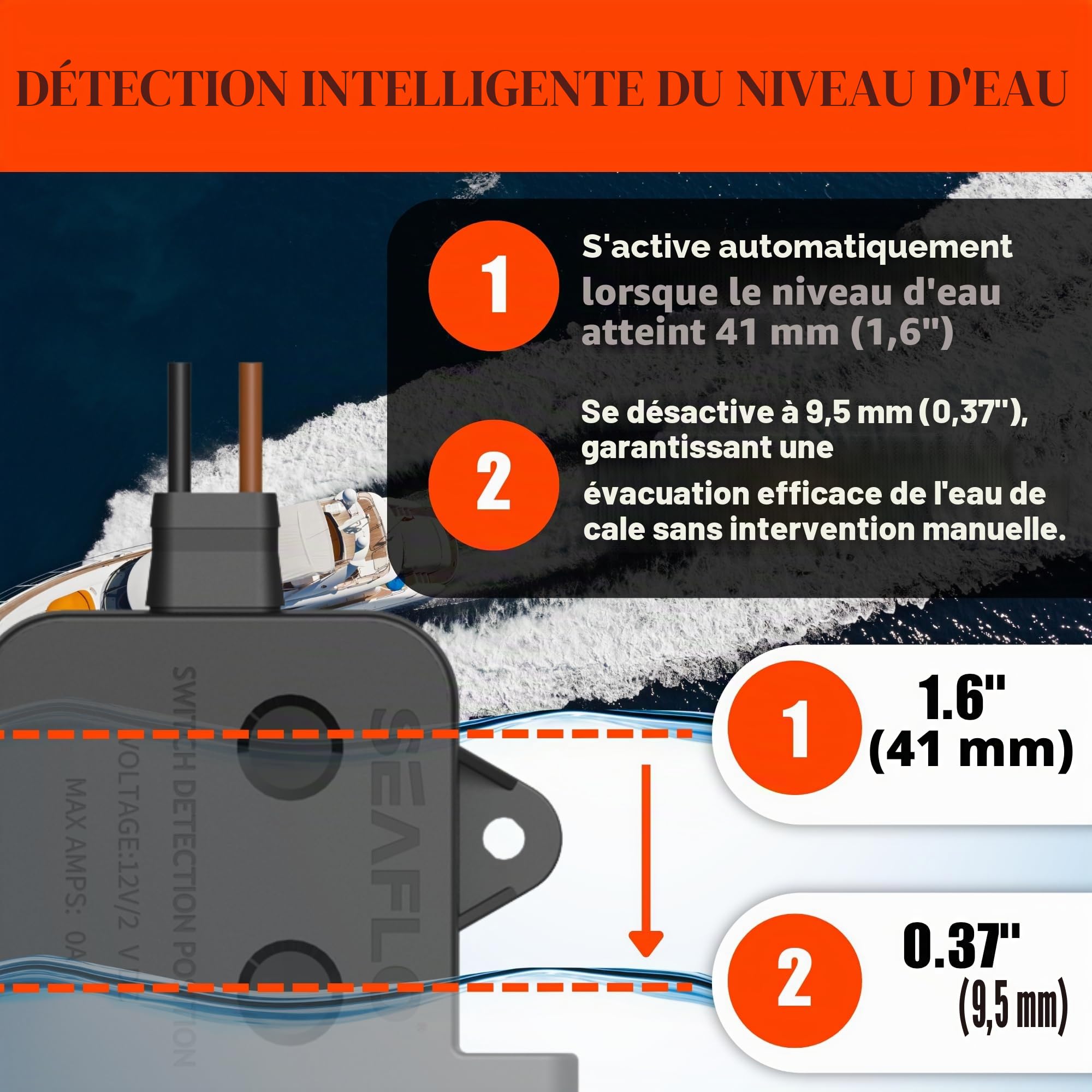 SEAFLO Interrupteur de pompe de cale électrique à semi-conducteurs 20 A, 12/24 V – Capteur de niveau d'eau intelligent, sans pièces mobiles, garantie 4 ans