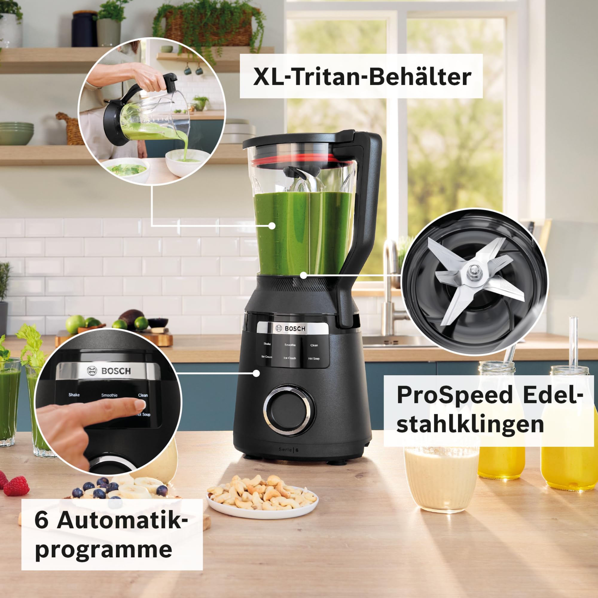 Bosch Hochleistungsmixer, Smoothie Maker, 1800W, 45.000 U-min, Programme für heiße Suppe & Reinigung, 2L, spülmaschinenfeste Teile, Made in Europe, schwarz, VitaPower Serie 6 MMB6652B