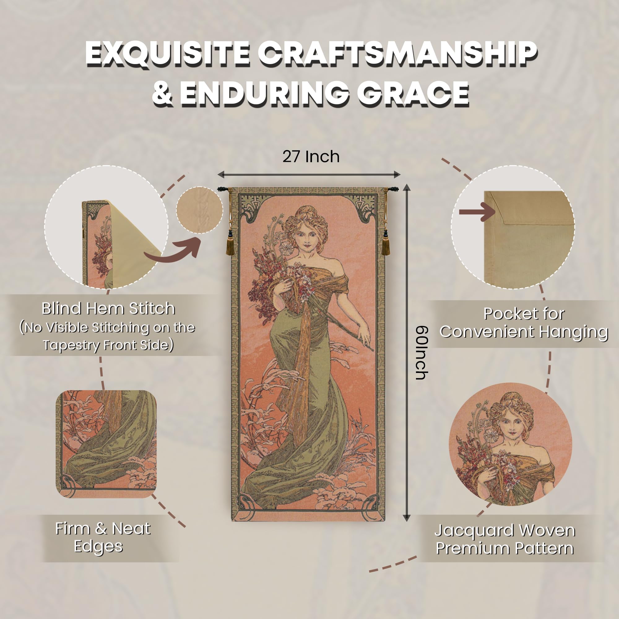Tapisserie D'art Mural Mucha Spring – Style Art Nouveau, Coton/polyester, Neuve, Faite Main