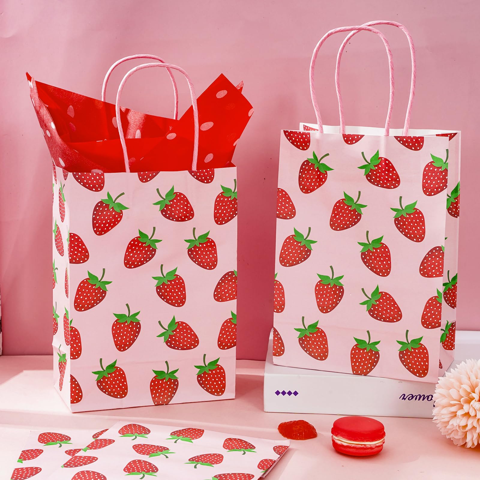 Whaline 16 Pcs Strawberry Party Favor Bags with 20 Sheets Red Tissue Paper Pink Paper Gift Bags with Handles Fruit Goodie Treat Bag for Sweet One Birthday Baby Shower Party Supplies