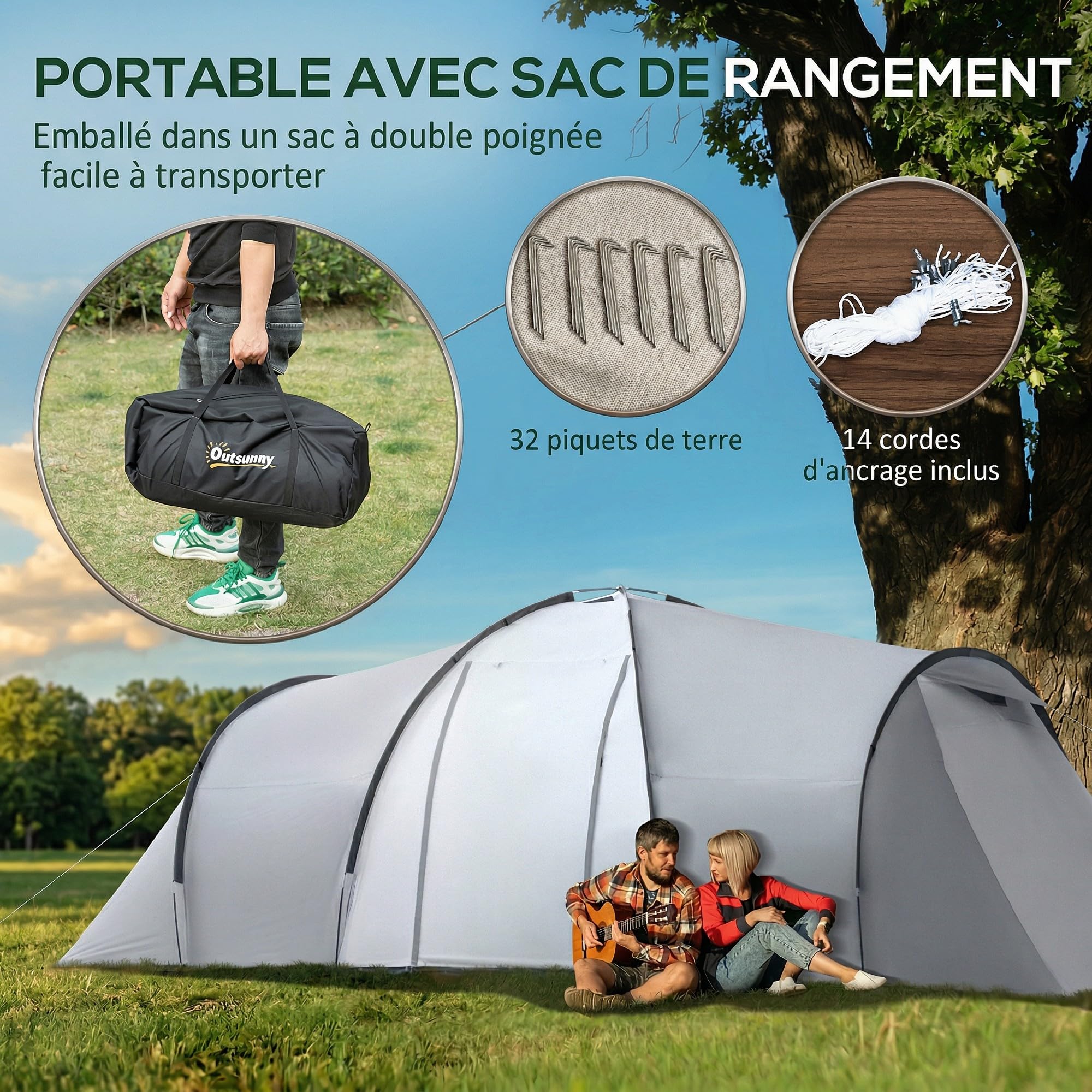 Outsunny Tente de Camping Familiale Dôme, 4-6 Personnes, Multicolore | 2 Chambres, 1 Séjour, Auvent Imperméable 2000 mm, Protection Anti-UV, Sac de Transport