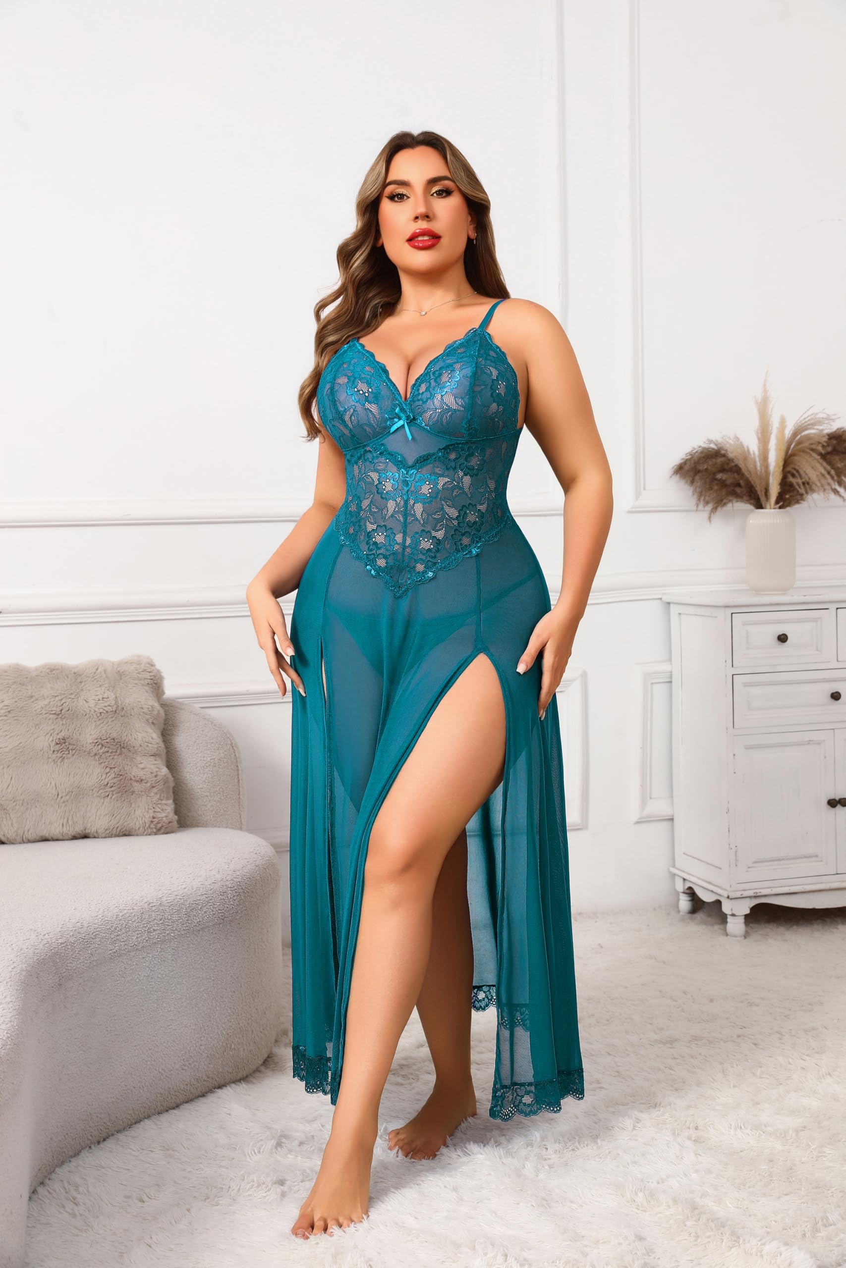 Avidlove Plus Size Lingerie for Women Sexy Lace Babydoll Long Lingerie Dress Side Split Nightgown: Blue Green X-Large