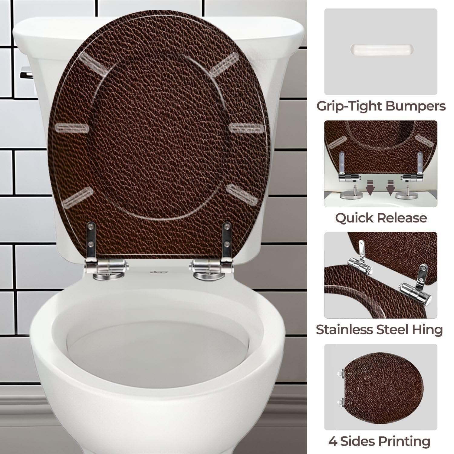 Asiento de inodoro redondo marrón, bisagras de liberación rápida, para baño.
