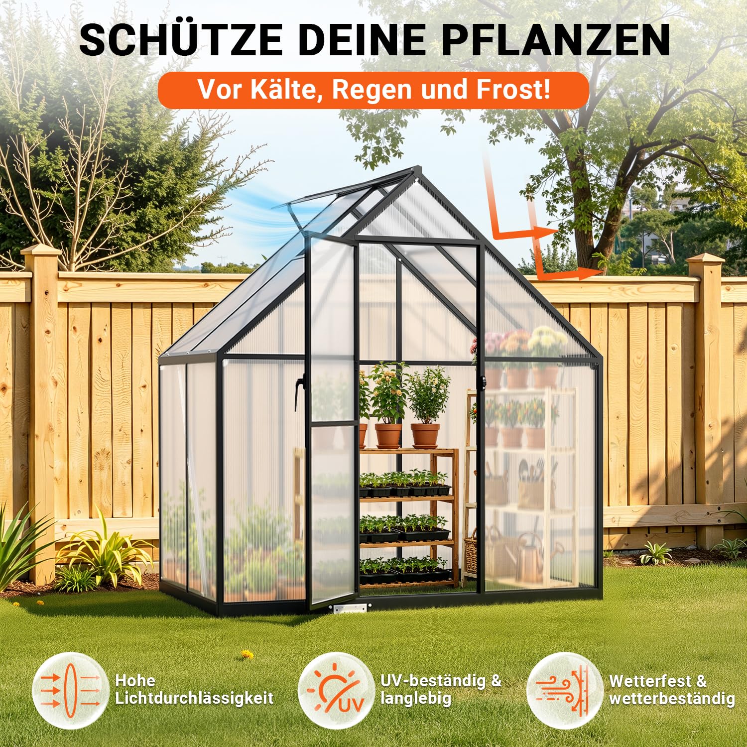 Gewächshaus Aluminium Fundament, 123 x 180 x 195 cm,4mm Polycarbonat-Hohlkammerplatten,Tomatengewächshaus Winterfest Belüftung Garten