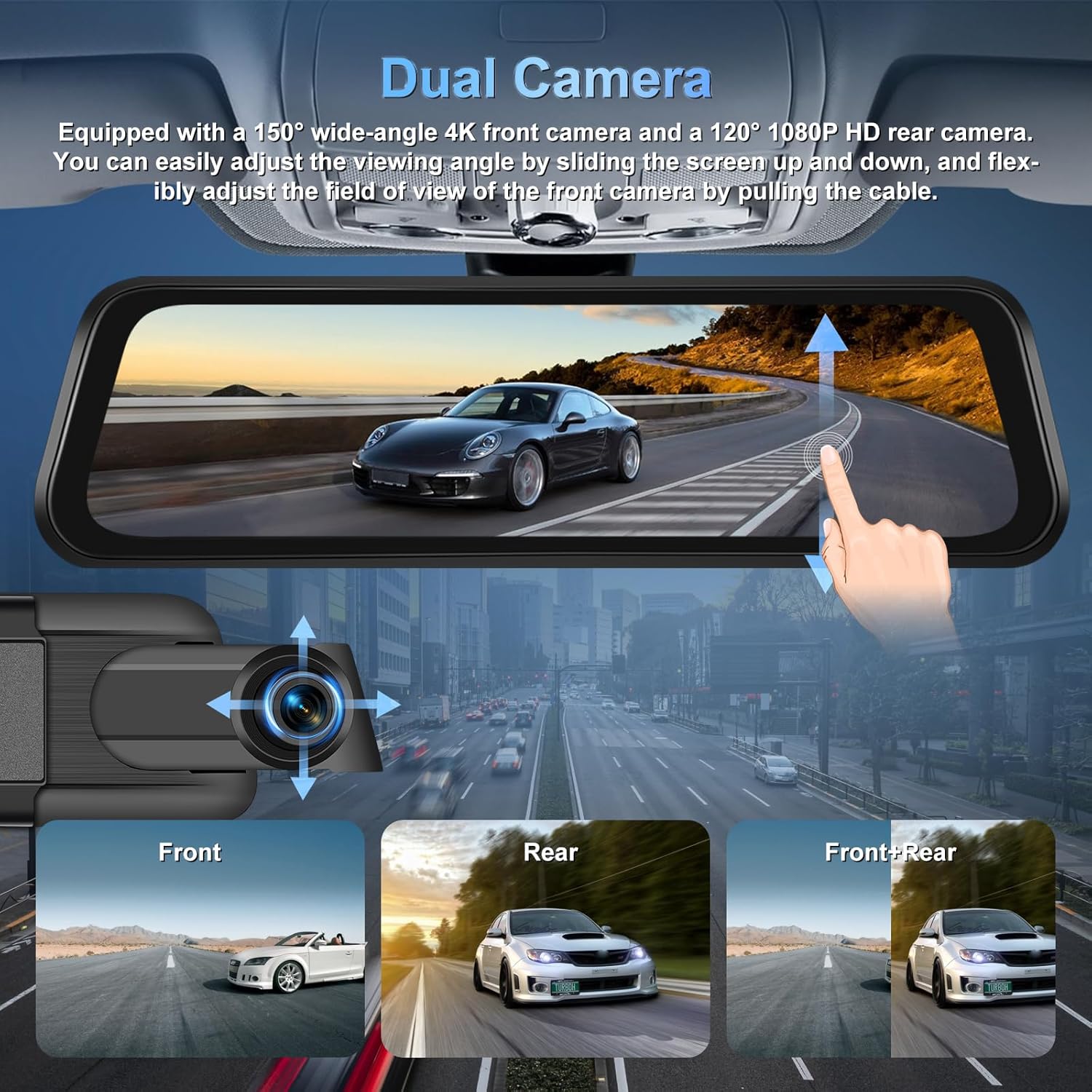 NHOPEEW 4K Dual Lens Rear View Mirror Camera - 9.66 Inch Touchscreen Mirror Dash Cam Front and Rear - APP Control/GPS/Loop Recording/G-Sensor/ADAS/BSD/Parking Monitoring + Backup Camera