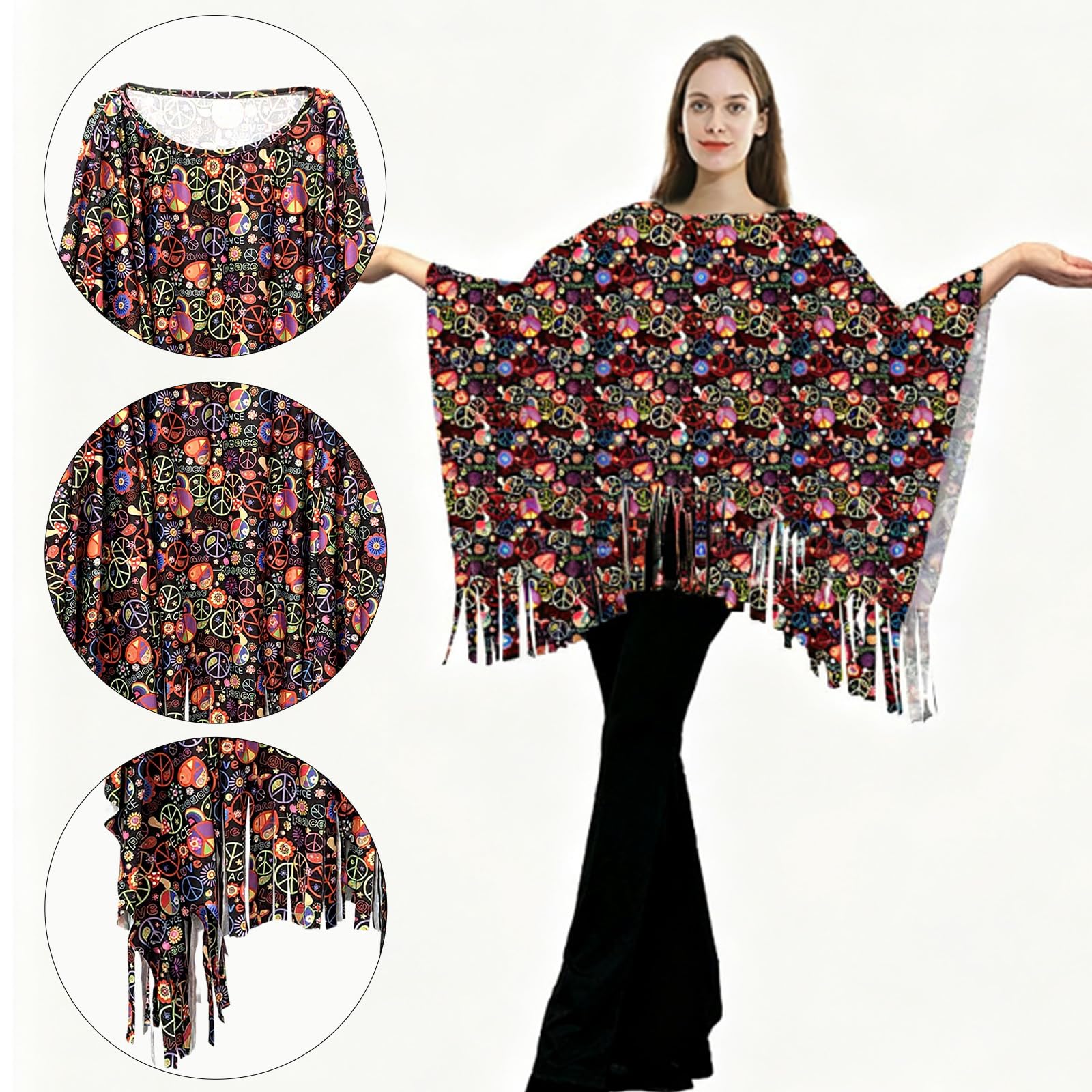 SSKHE 70s Hippie Costume Accessories Set, Boho Cape with Necklace Earring Bracelet Sunglasses Headband - Image 3