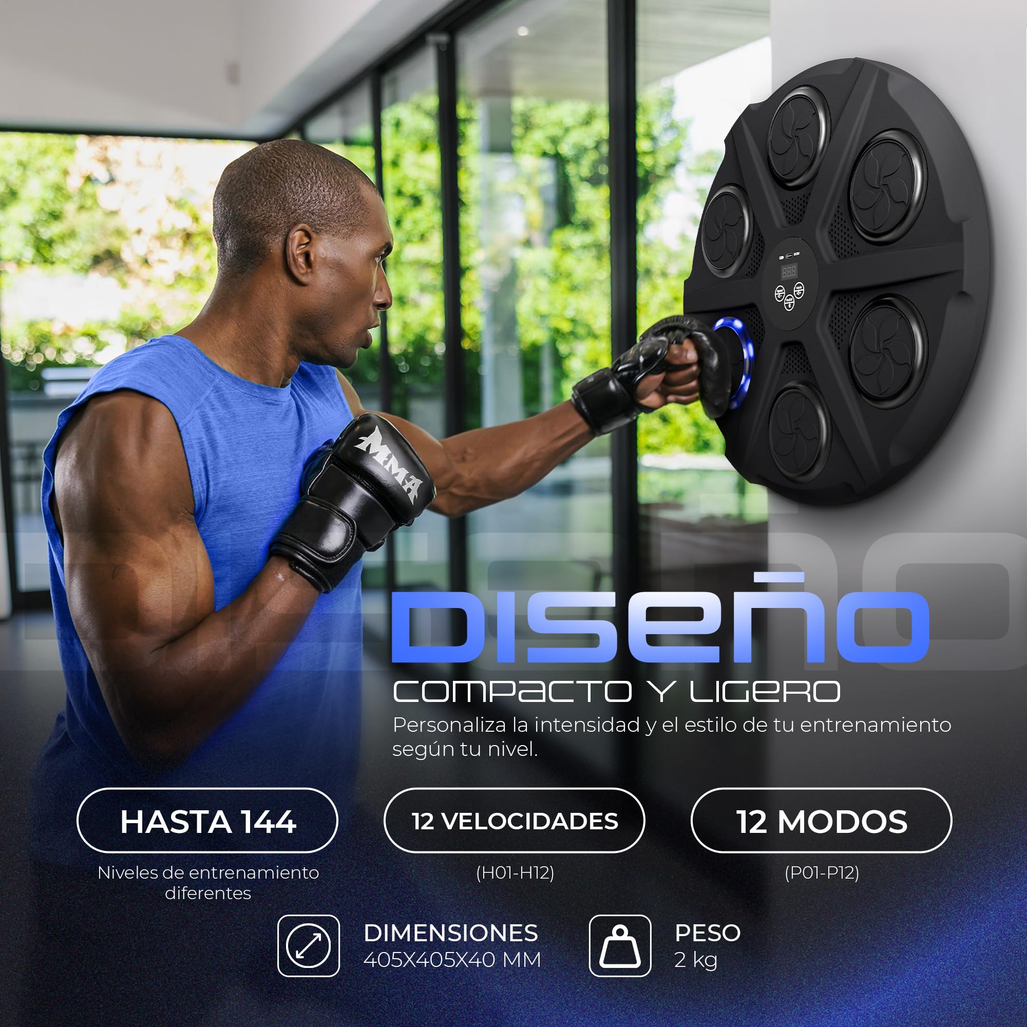 Ezero Maquina de Boxeo Musical Adulto con Bluetooth y LED – Entrenamiento de Boxeo Pared Musical con 12 Niveles y Cintas – Mejora Reflejos y Resistencia – Ideal para Casa, Principiantes y Avanzados