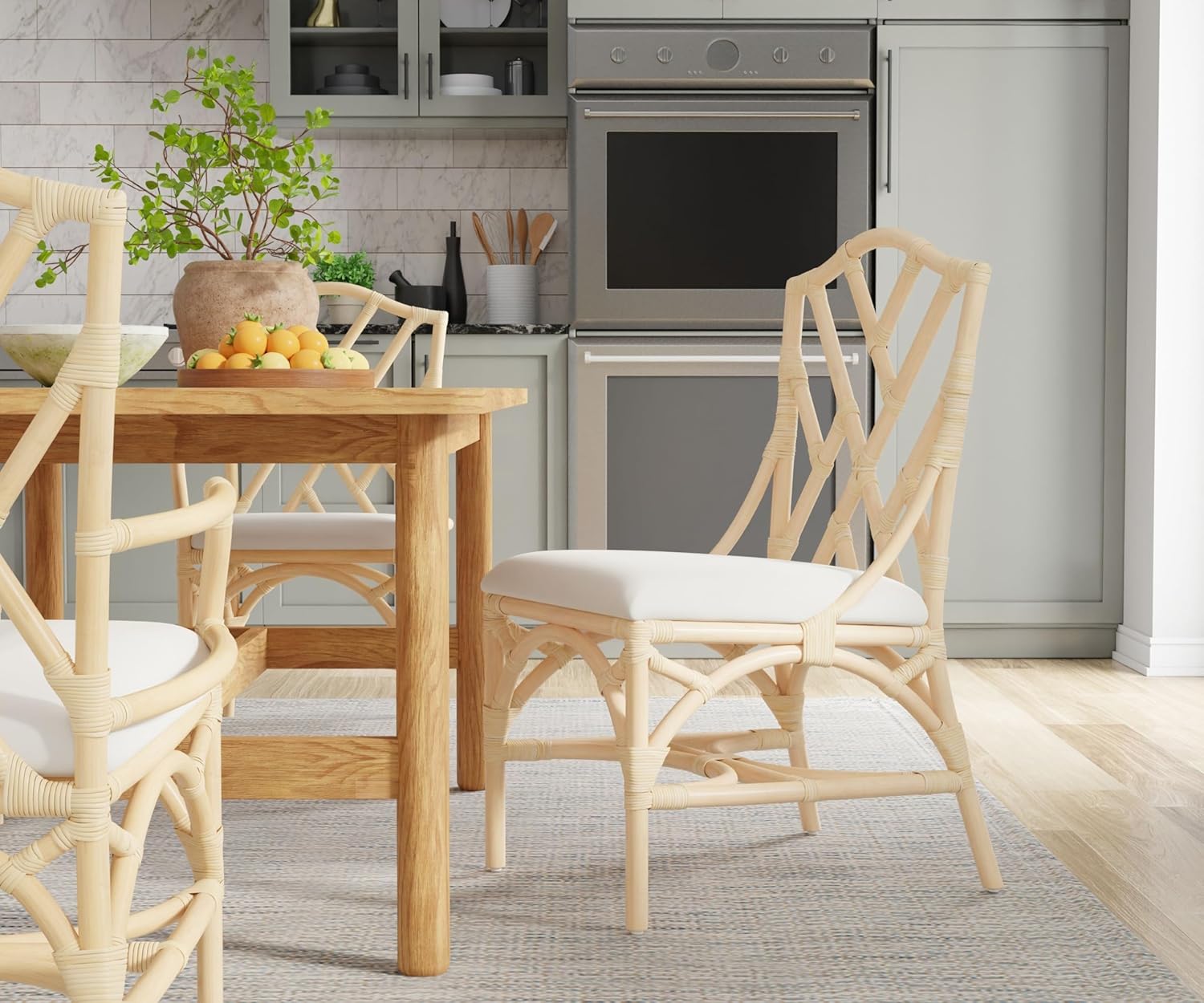Natural Rattan Cross Back Side Chair with White Cushion