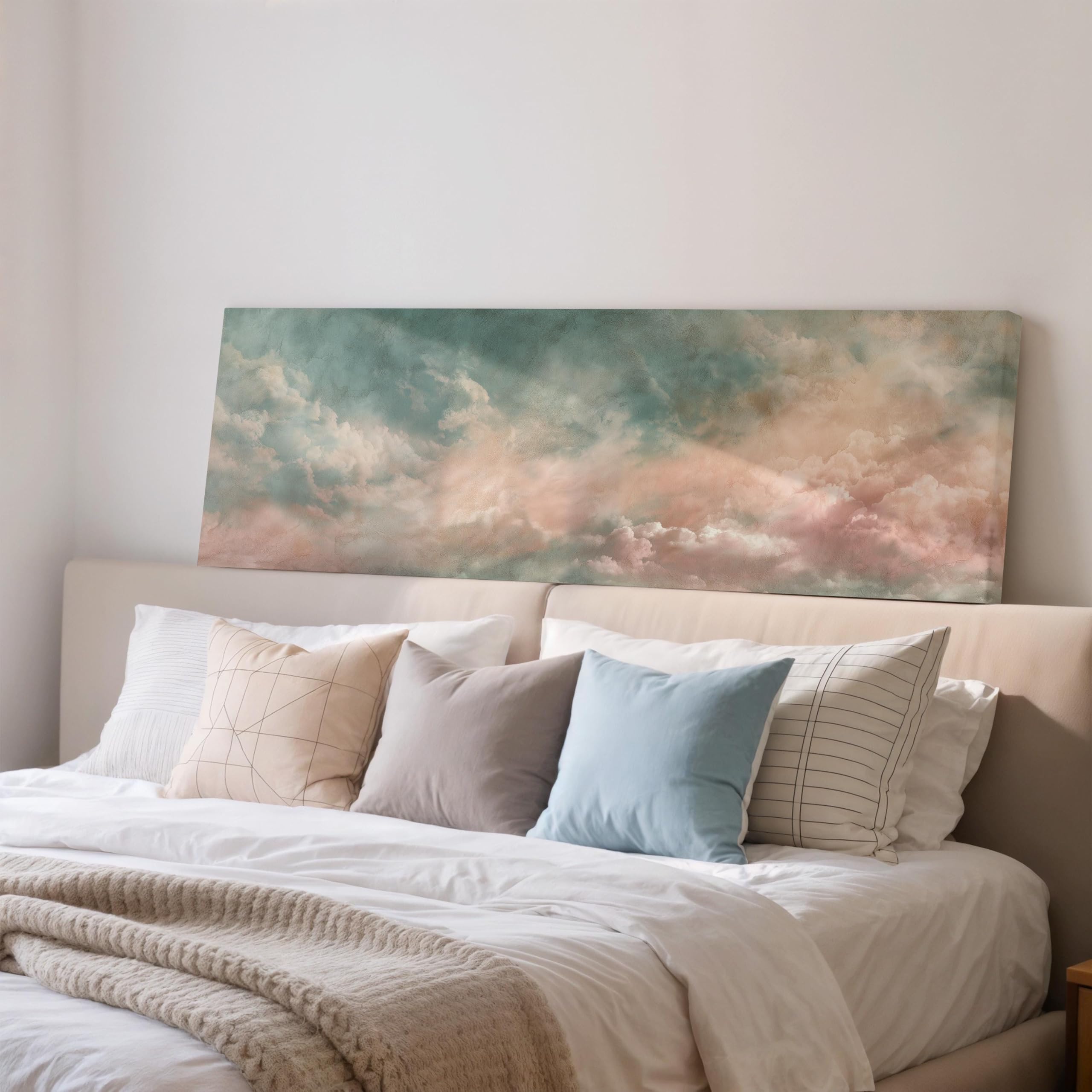 XBTYKPB Cloudscape Wall Art, Moody Vintage Sky Print, Wide Panoramic Canvas, Large Teal Pink Decor, Framed for Bedroom Painting(70x210cm/Inner Frame)