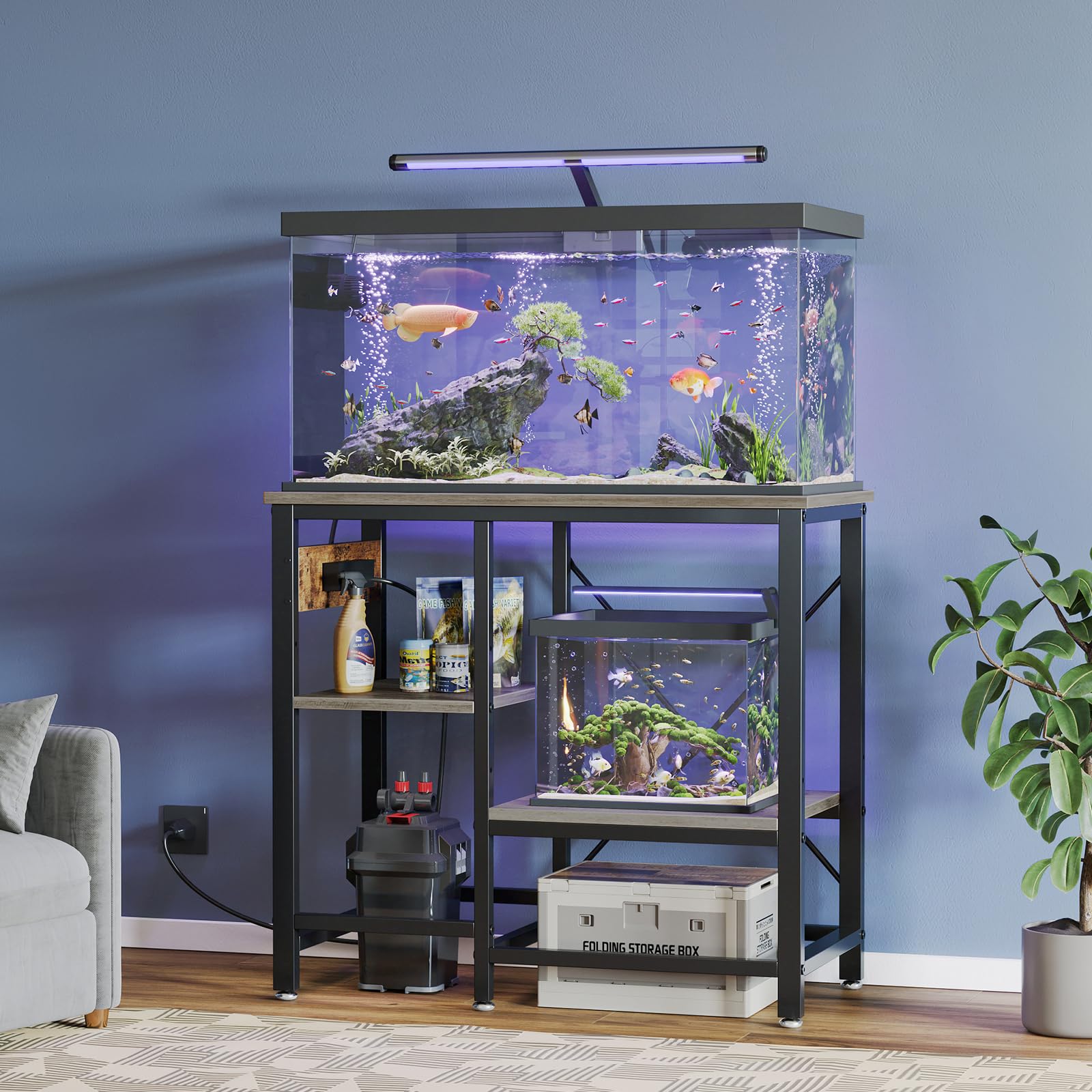 20-29 Gallon Fish Tank Stand with Power Outlets, 30.7 x 13.8 Metal Aquarium Stand with 3-Tiers Adjustable Storage Shelves, 6-Legs Reptile Terrarium Stand, 400 LBs 20-37 Gallon