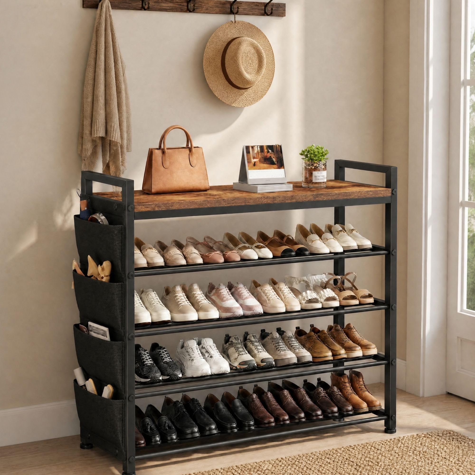 Schuhregal platzsparend 5 Ebenen für 16-20 Paar, Schuhschrank schmal mit Seitentaschen, Metall-Holz Schuhablage, für Eingangsbereich, Flur, Wohnheim, 30 x 76 x 96.5 cm, Vintagebraun-schwarz