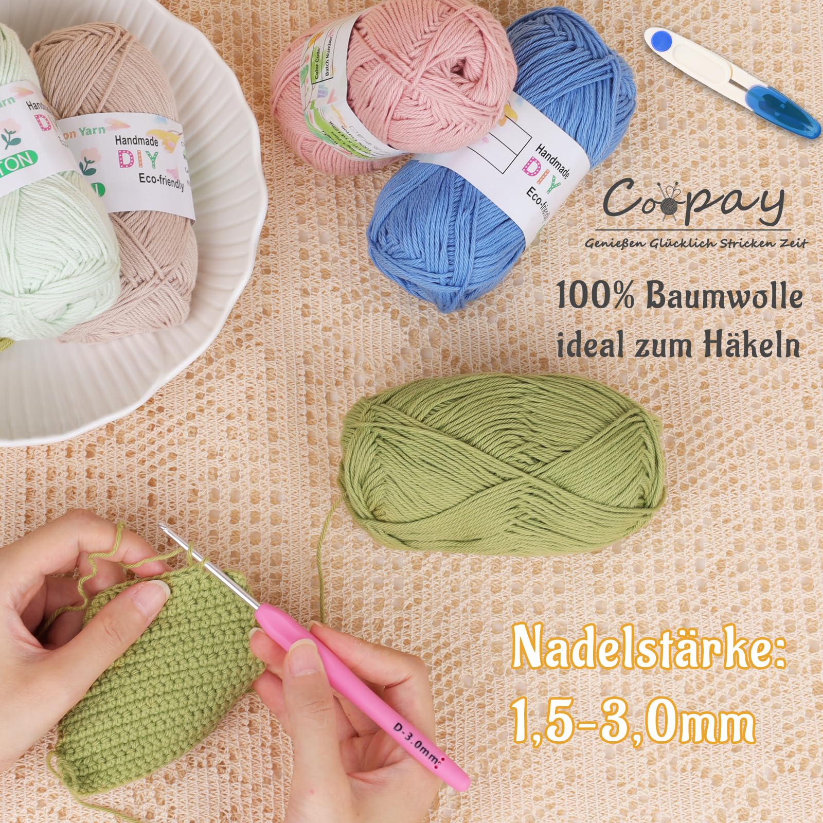 Coopay 10 motków wełny szydełkowej, 100% bawełna do robienia na drutach, 50 g, miękka przędza do szydełkowania, przędza bawełniana dla niemowląt, do swetrów, skarpet, koców dla niemowląt