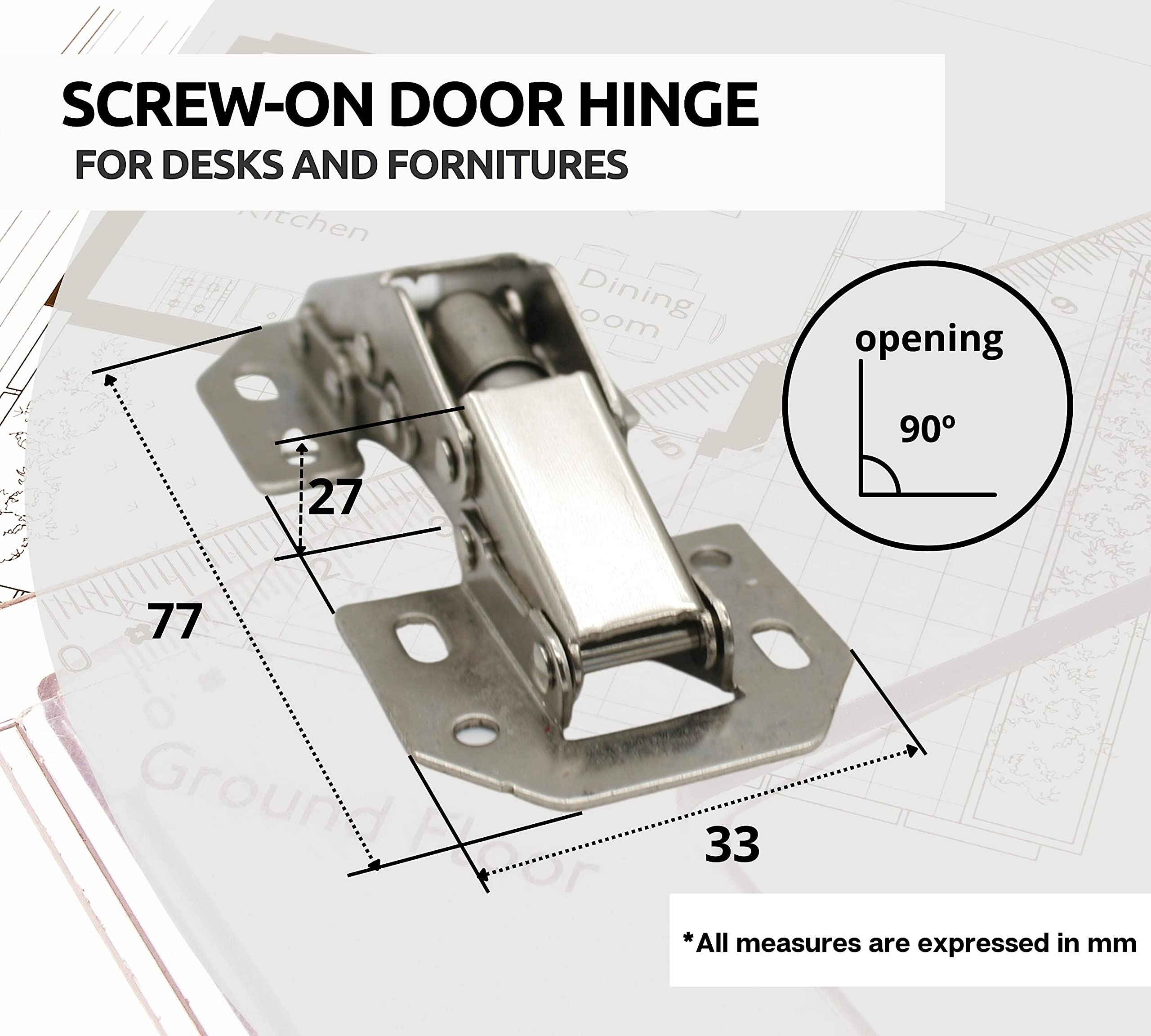 DOJA Barcelona Cabinet Hinges Set of 4 Screw-On Hinges 77 x 33 mm 90° Opening Angle Nickel-Plated Steel Hinges for Indoor Cabinet Doors Wooden Kitchen Furniture Cabinets - Image 4