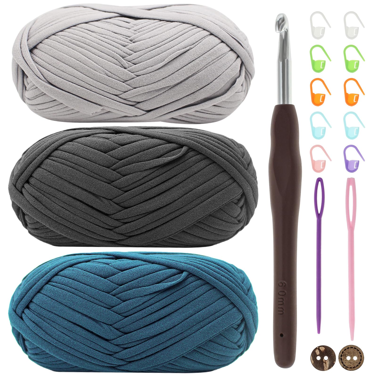 Renyiz T-Shirt Garn, Bändchengarn zum Häkeln und Stricken Textilgarn 3 x 100g Dickes Polyester-Garn mit einer 6mm-Häkelnadel für Häkeltaschen, Körbe, Teppiche, Heimdekoration und DIY-Kunsthandwerk
