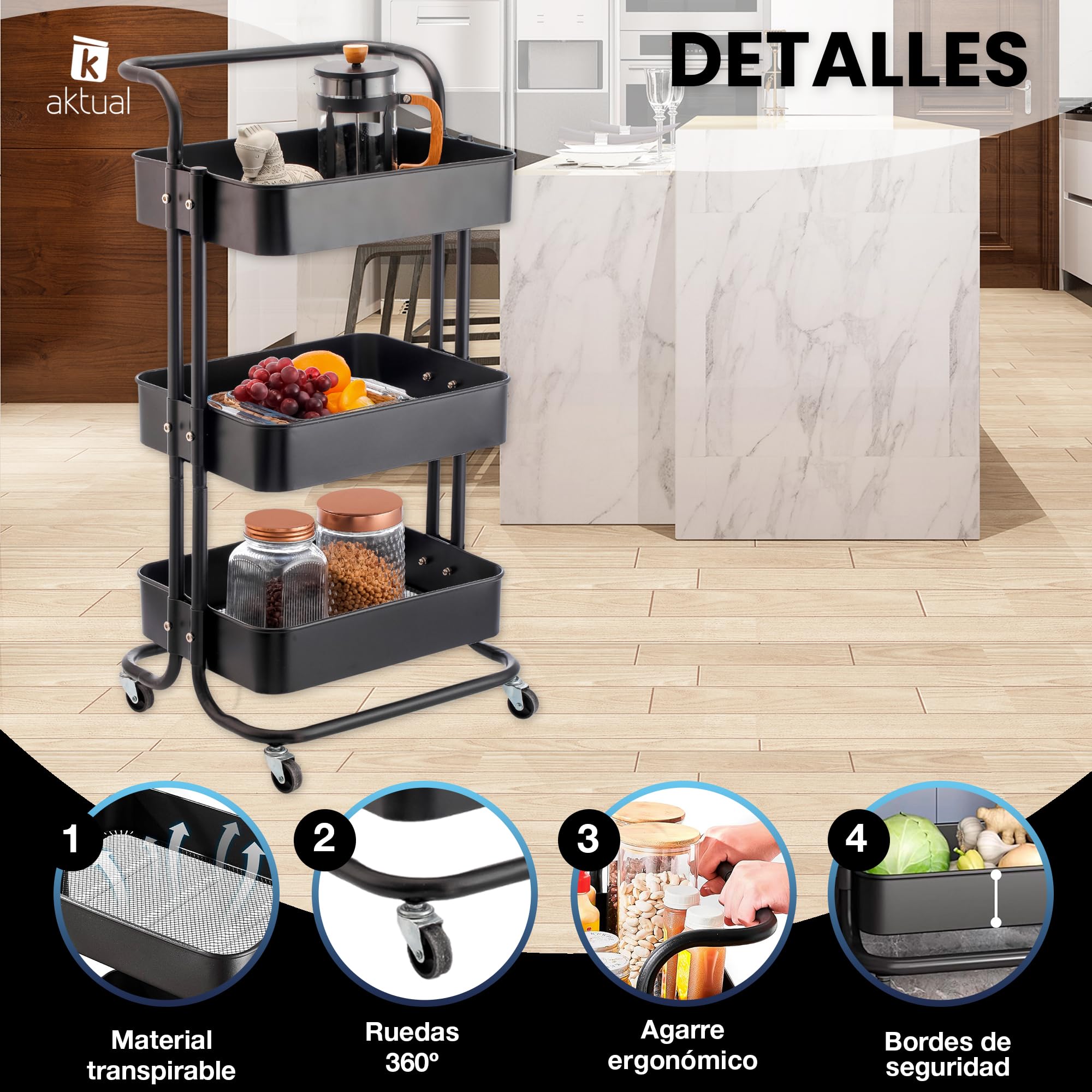 Carrito Auxiliar con Ruedas, Carro Organizador almacenaje con 3 Ganchos, 42x36x86cm. Ideal para baño, Cocina, salón, Oficina y estetica. Color Blanco.