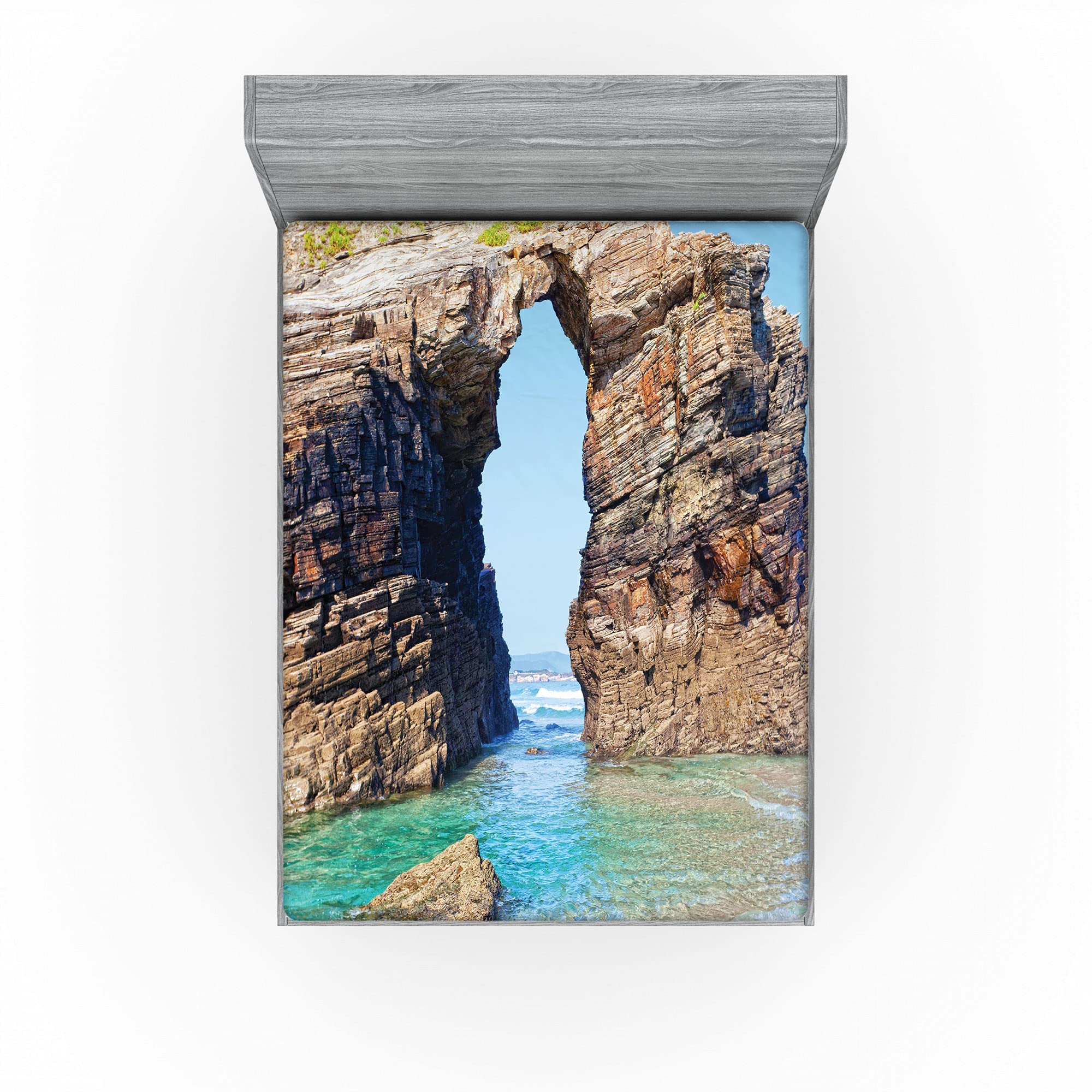 ABAKUHAUS Oceano Lenzuolo con Angoli, Spiaggia del Mare Exotic Palms, Comodo e Morbido Tessuto Decorativo da Letto Tasca Elastica a Tutto Tondo, 160 cm x 200 cm, Blu Verde Crema