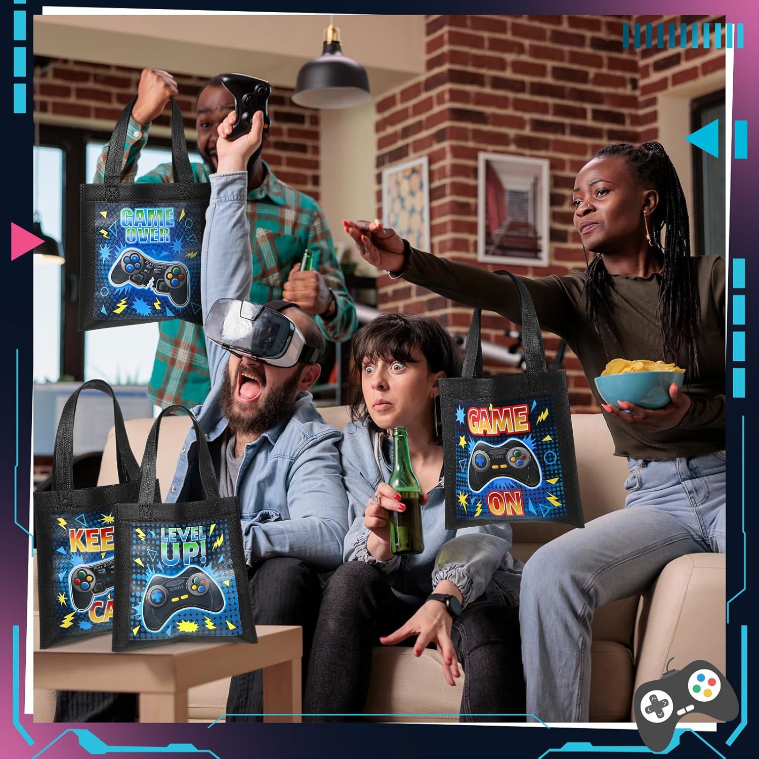 Aoriher 24 Pcs Video Game Party Favor Bags with Handle Treat Gift Bags Reusable Game on Birthday Party Baby Shower Level up Goodie Supplies, 4 Styles - Image 2