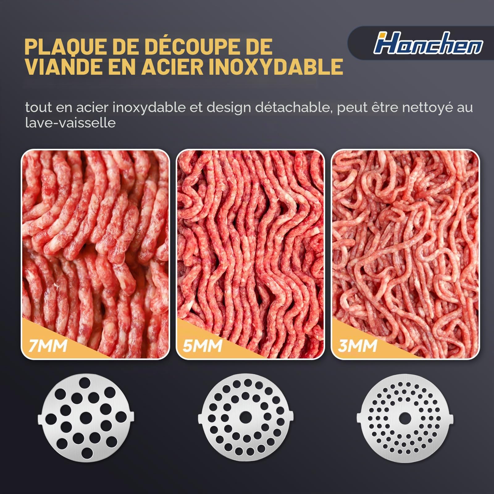 Hanchen Hachoir a Viande Electrique 6en1 avec Tube à Saucisse, 3 Plaques de Ponçage en Acier Inoxydable (3,5,7mm), Accessoires pour Biscuits, Annexe Kubbe, Presse-Tomates,Rapeuse Legume Electrique