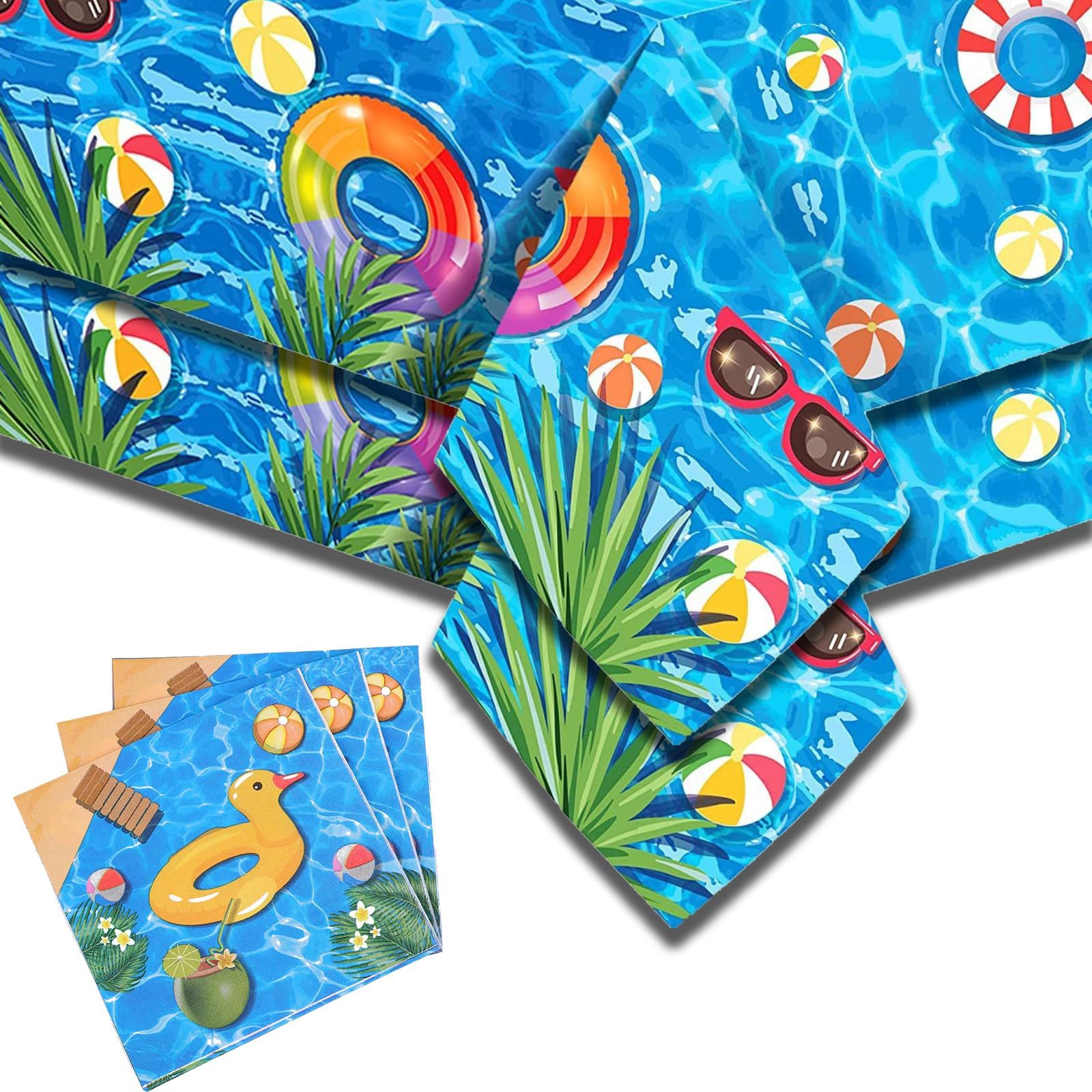 Waterproof Tropical Pool Party Tablecloth Set with 20 Matching Napkins for Outdoor Summer Gatherings - Disposable Plastic Table Cover with Vibrant Design Ideal for Birthday Celebrations and Themed