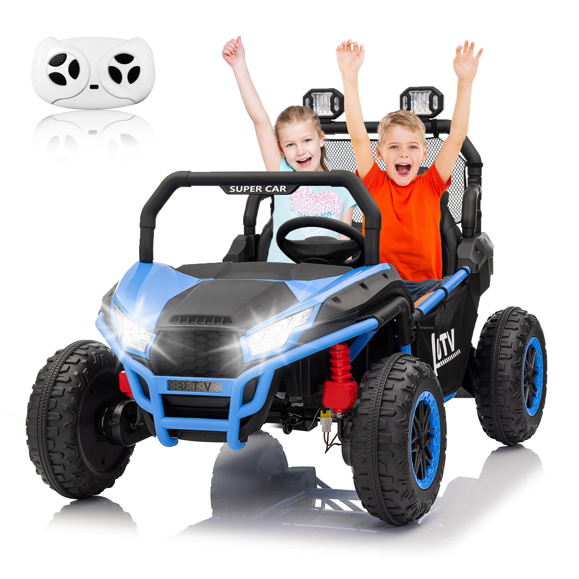24V Electric Car for Kids, Two Seater Ride On Cars for Kids UTV with Remote Control and Bluetooth Music, Spring Suspension, 3 Speed Modes, LED Lights, 20 in Wide Seat for Boys and Girls 3-5 Years Old