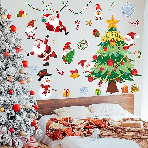 Miniatura 4 de Calcomanía de pared de árbol de Navidad de 41.33 x 41.33 pulgadas, calcomanías de pared de Papá Noel de Navidad, muñecos de nieve, decoración de