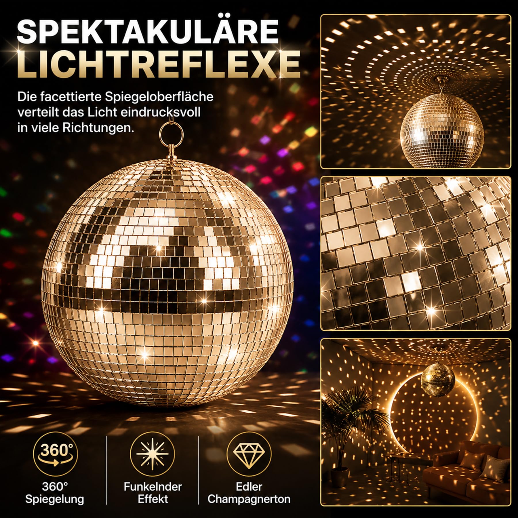 Boule disco de 25 cm - Boules disco à suspendre - Boule de miroir de 25 cm avec mini miroir autocollant et crochet autocollant - Boules de miroir - Boule disco - Boule de miroir - Boule disco idéale