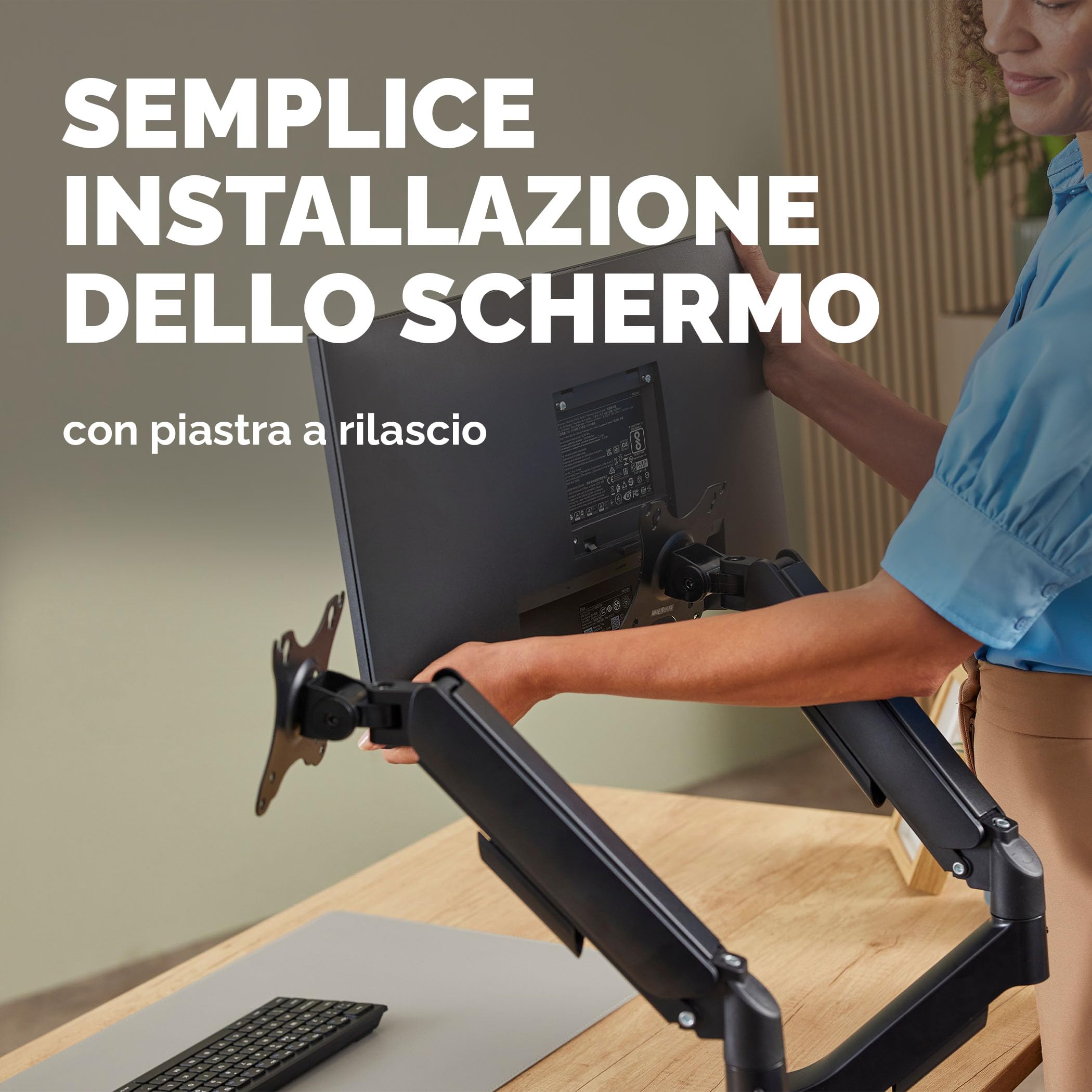 Fellowes Braccio Monitor Doppio Everyday Plus – Supporta 2 schermi 17"-32" (2-9 kg ciascuno), regolabile in altezza, inclinazione e rotazione, VESA 75/100, a morsetto o foro passante - Nero