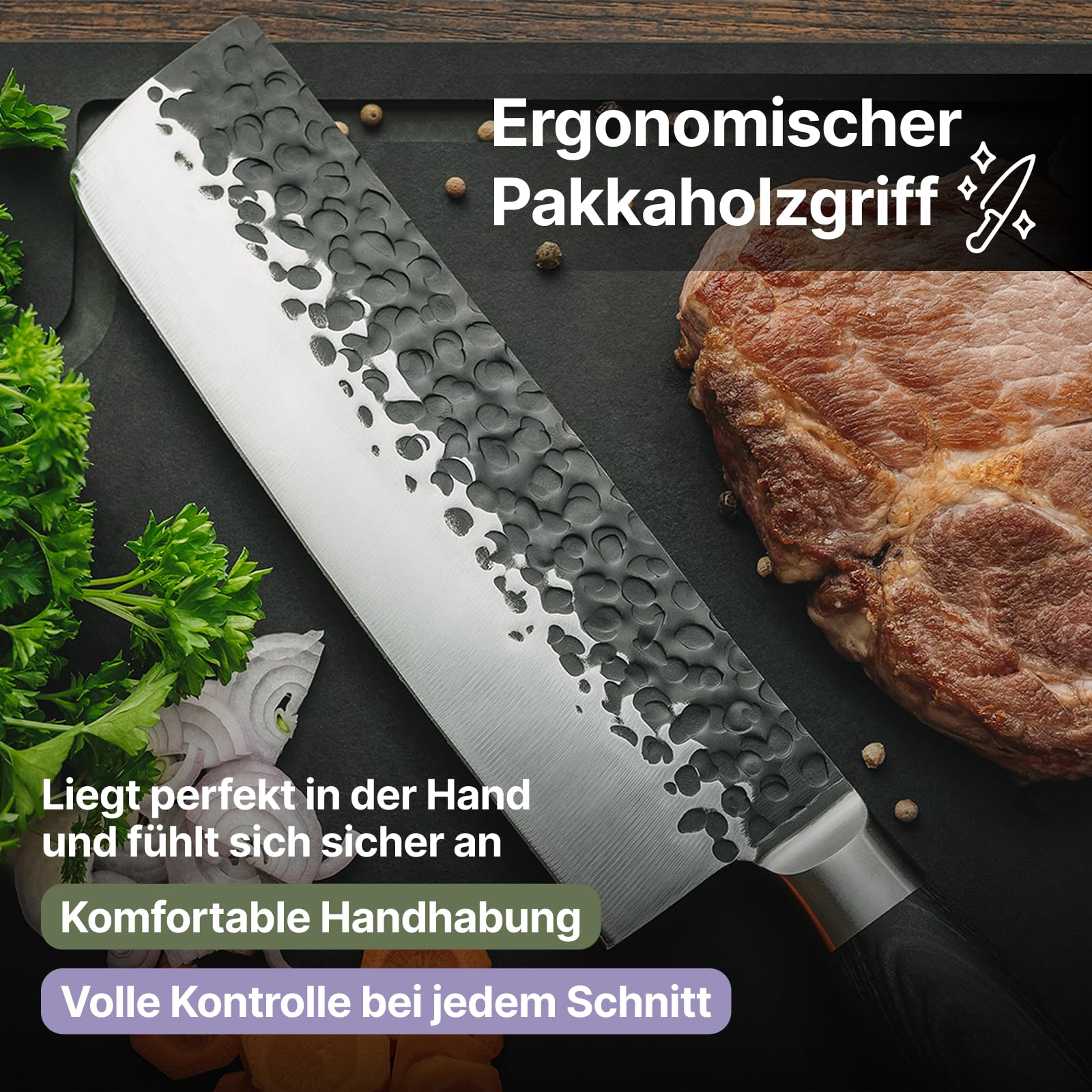 FIVI Hackmesser MATT 18 cm | Robustes Küchenbeil aus deutschem Edelstahl mit Hammerschlag & Pakkaholzgriff | Profi Hackbeil zum Zerkleinern von Fleisch, Knochen & Gemüse