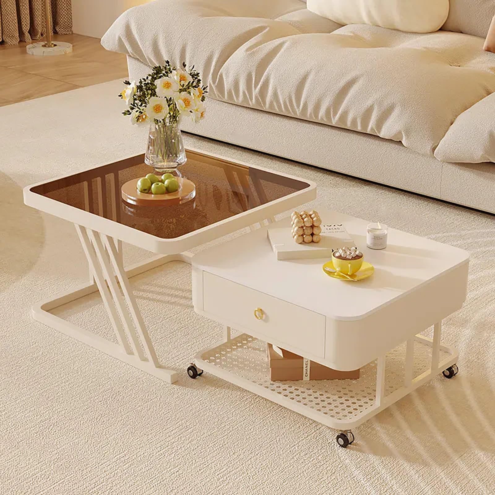 Table basse gigogne carrée par 2 avec tiroirs et roulettes pour salon et bureau