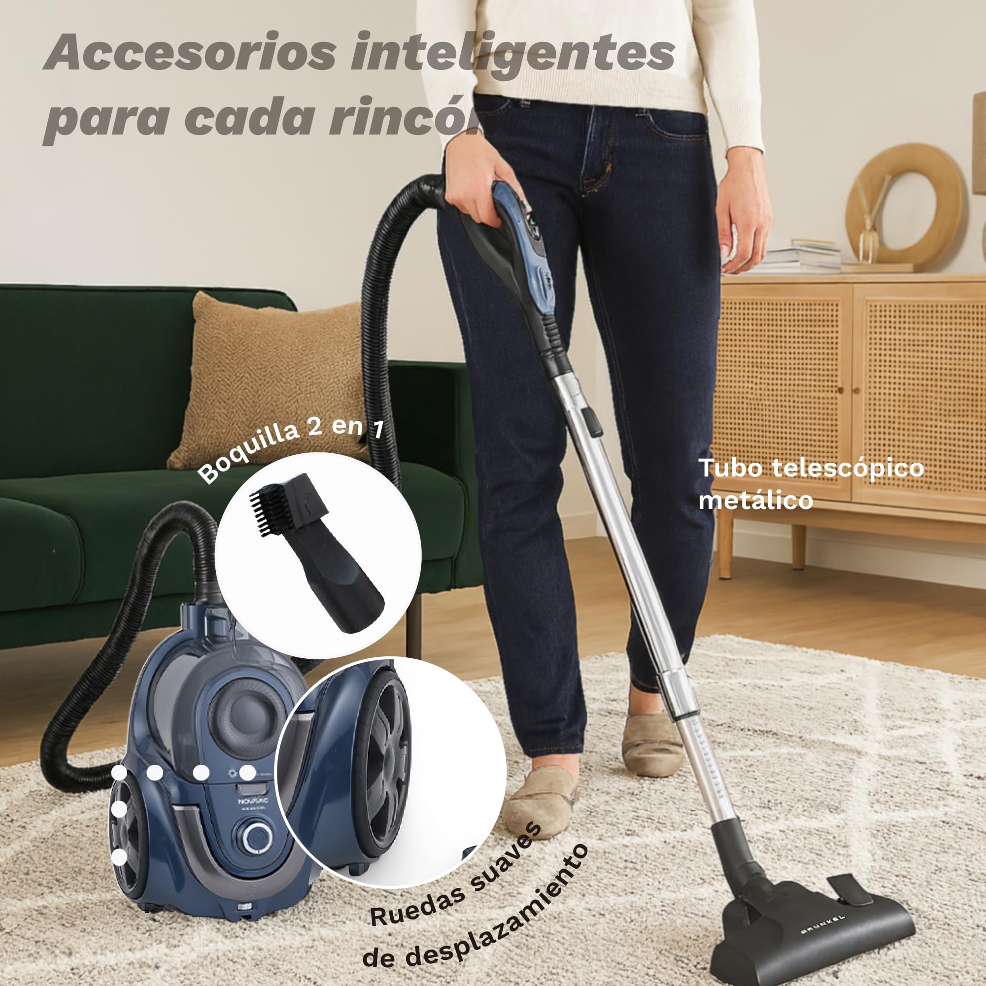 Grunkel Aspiradora de Trineo sin Bolsa 2,2 L 700W NOVAVAC | Tecnología Ciclónica 19KPA | Control Táctil en Mango | Filtro HEPA Lavable | Depósito Fácil Vaciado | Potencia Ajustable | Cable Automático