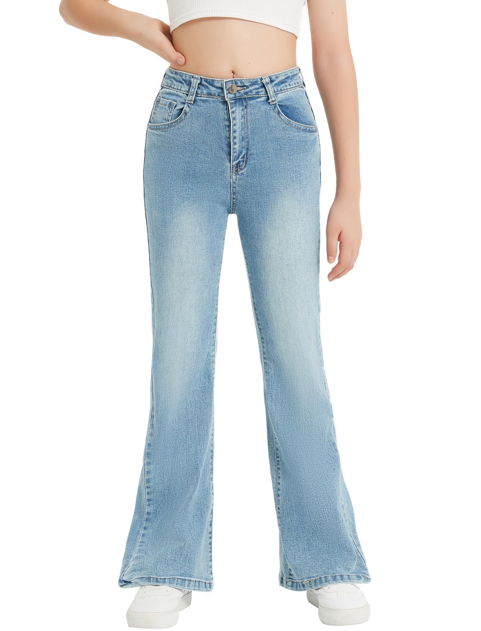 EXARUS Pantalones de mezclilla acampanados para niñas, pantalones de mezclilla acampanados, rasgados, lindos, corte de bota, cintura media, bolsillos elásticos para niños