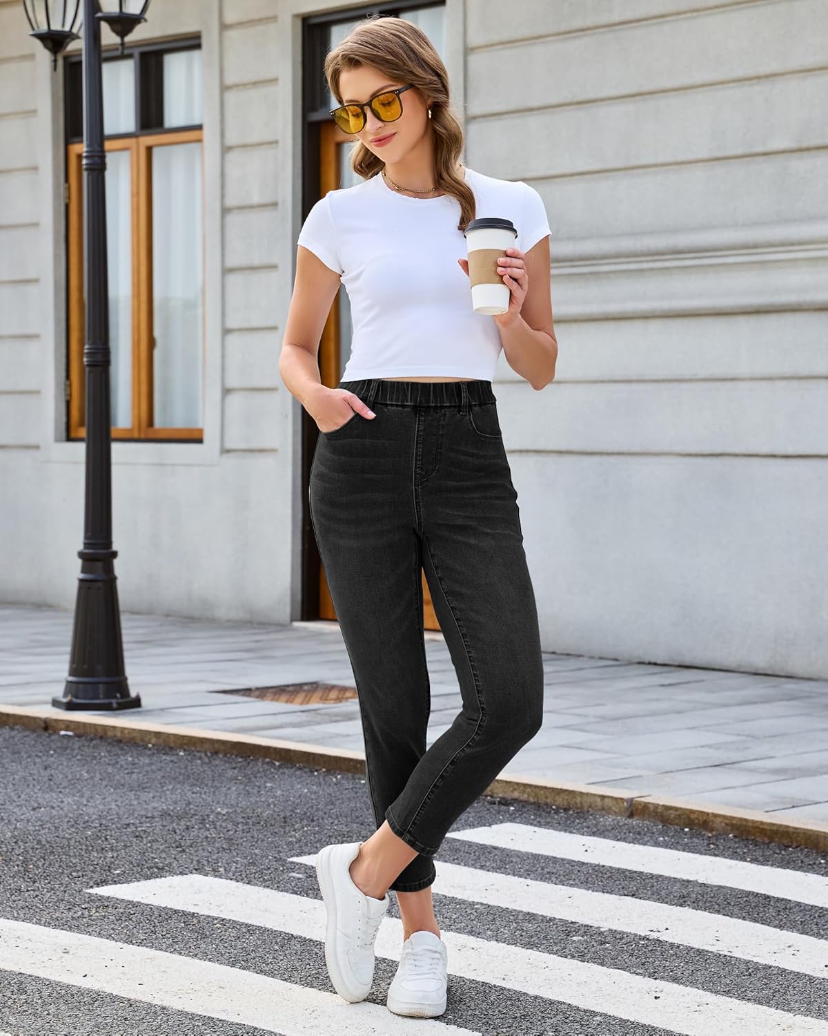 GRAPENT Slim Straight Leg Jeans for Women Cropped High Waisted Pull On Elastic Waist Stretchy Denim Pants Trouser Jeans - Image 3