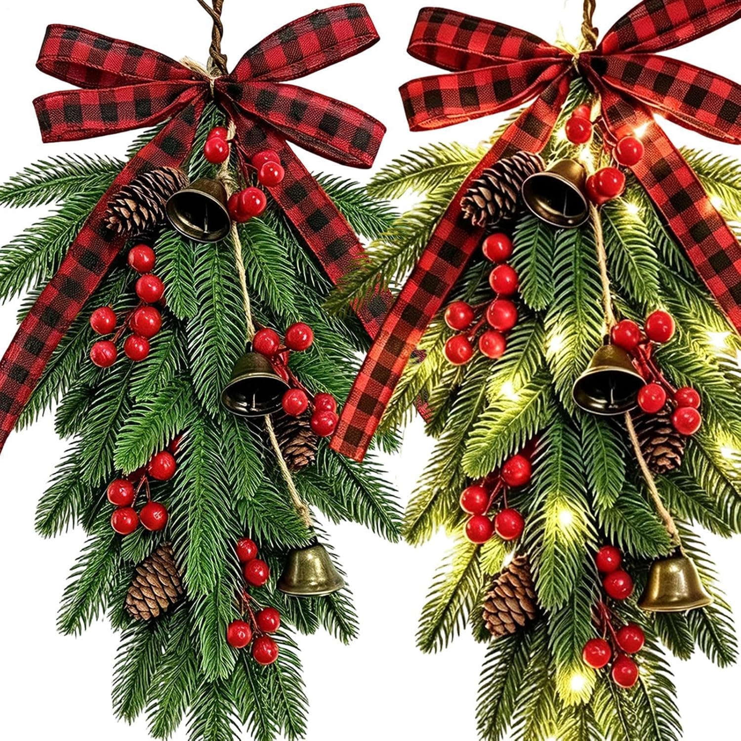 Christmas Door Swag, Lighted Holiday Wreath with LED Lights, Entryway Decor