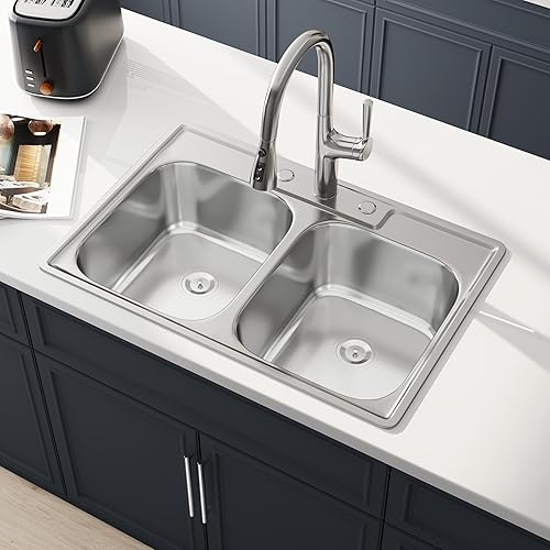 33x22 Drop In Double Bowl Kitchen Sink 33 Inch Top Mounted 18 Gauge 304 Stainless Steel 50/50 Round Corner Curved Deep Sinks with Basket Strainer 33" x 22" x 9"