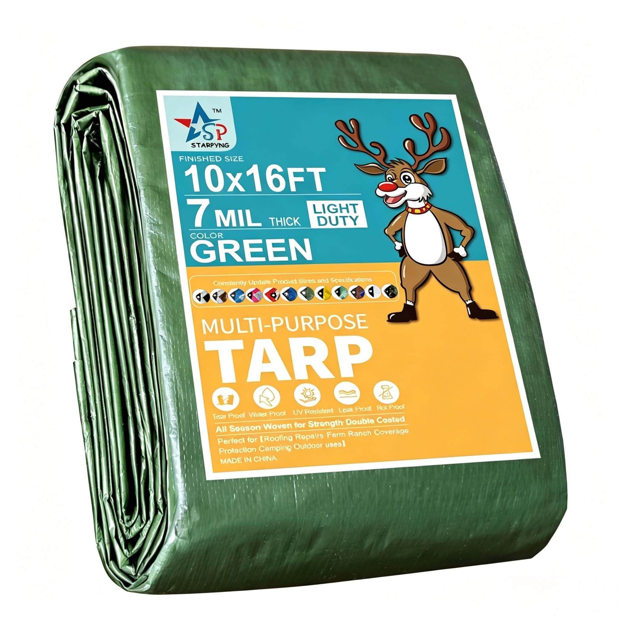 STARPYNG-7 Mil Green 10x16 Feet Tarp-Multifunctional Waterproof Tarpaulin-Waterproof, UV Resistant, Rip and Tear Resistant, Poly Tarpaulin with Reinforced Edges for Cover