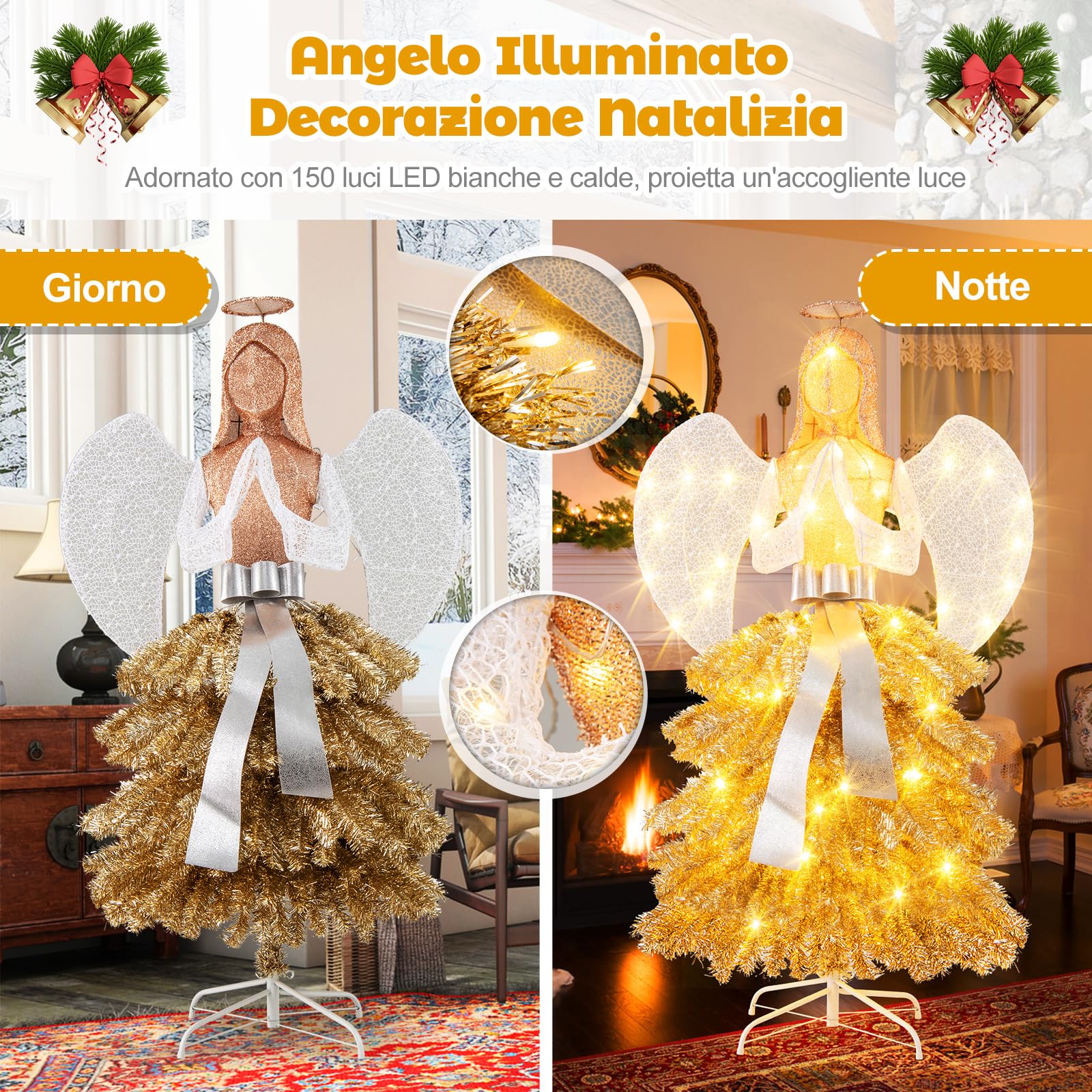 COSTWAY Angelo Natalizio Illuminato da Esterno 157 cm, Angelo 3D con 150 Luci Bianche Calde Pre-Illuminate, Decorazione Natalizia per Giardino, Cortile e Prato (Modello 5)