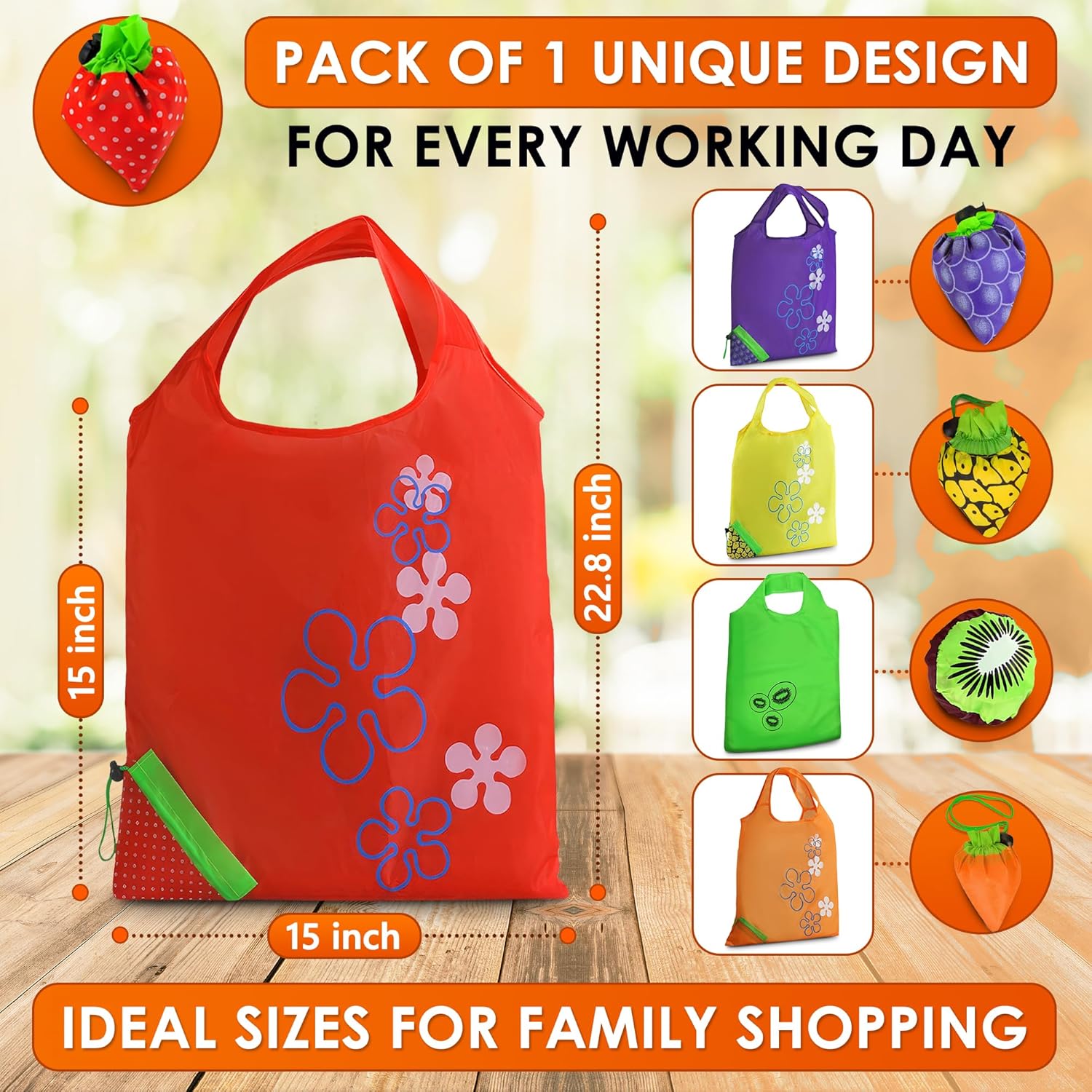 5 PCs Fruit Micro Tote Bag – Reusable Grocery Bags Foldable with 15x15 Capacity Size, Washable Build for Wear Resistance and Long Service Life – Handy Choice for Market Trips and Daily Carrying