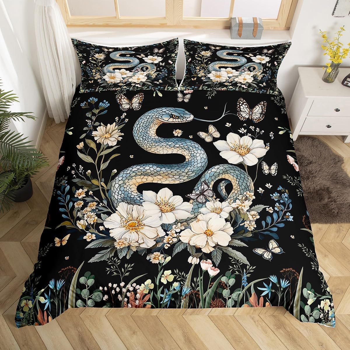 Castle Fairy Snake Pattern Bedding Set,Flowers Butterfly Comforter Cover Set for Teens Women Room Decor,Bohemian Style Duvet Cover Breathable Chic Exotic Bedspread Cover Full Size(No Comforter)