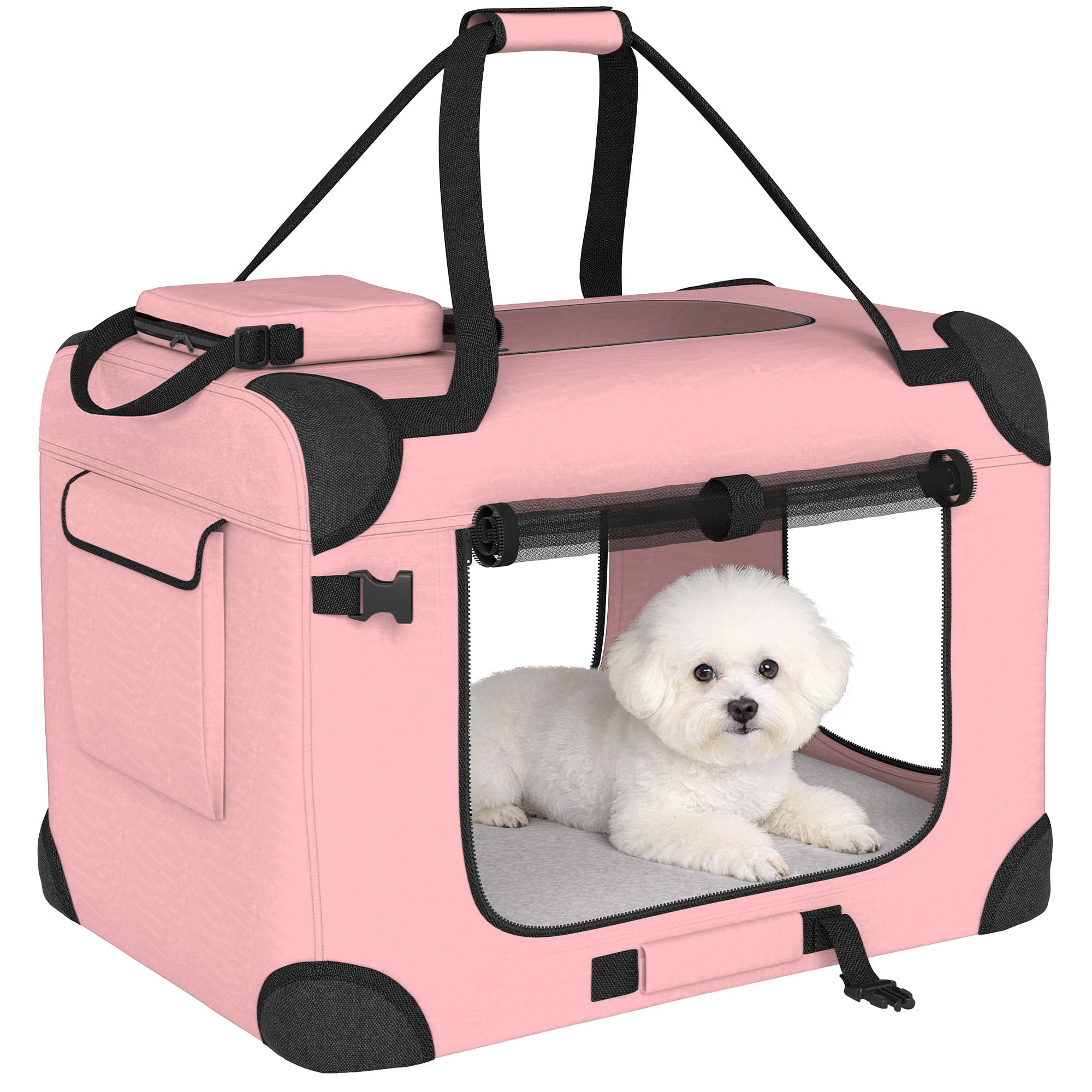 PawHut Folding Dog Carrier 60 x 41.5 x 41 cm, Pet Carrier with Mesh Windows, Soft Cushion and 2 Handles, Transport Bag for Mini Dogs, Cats, Pink