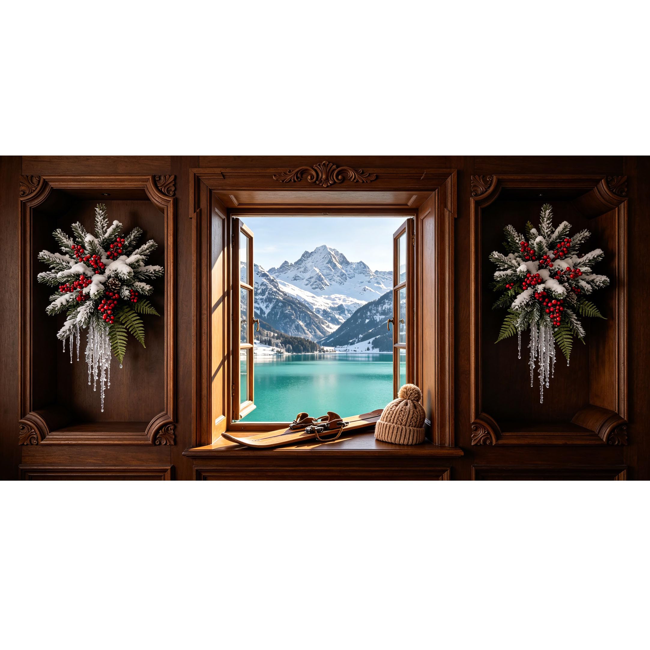 Agglomerix 3D Framed Wall Art Snowy Alpine Lake Mountain Window View Landscape Large Size Self-Adhesive Removable Wall Decor Prints Artwork for Living Room Bedroom Office
