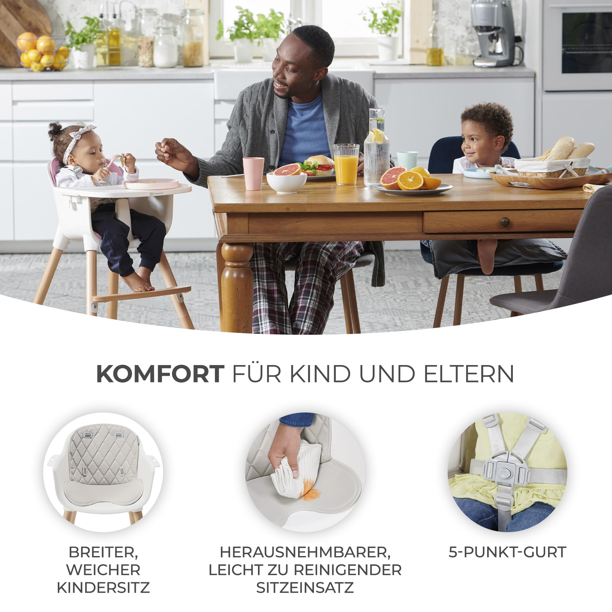 Kinderkraft Hochstuhl SIENNA 2 in 1, Kinderhochstuhl, Babystuhl, Kombihochstuhl, Beine aus Holz, 5-Punkt-Gurt, Fußstütze, abnehmbare Tablett, Rutschfeste Stuhlbeinkappen, ab 6 Monate bis 4 Jahre, Grau