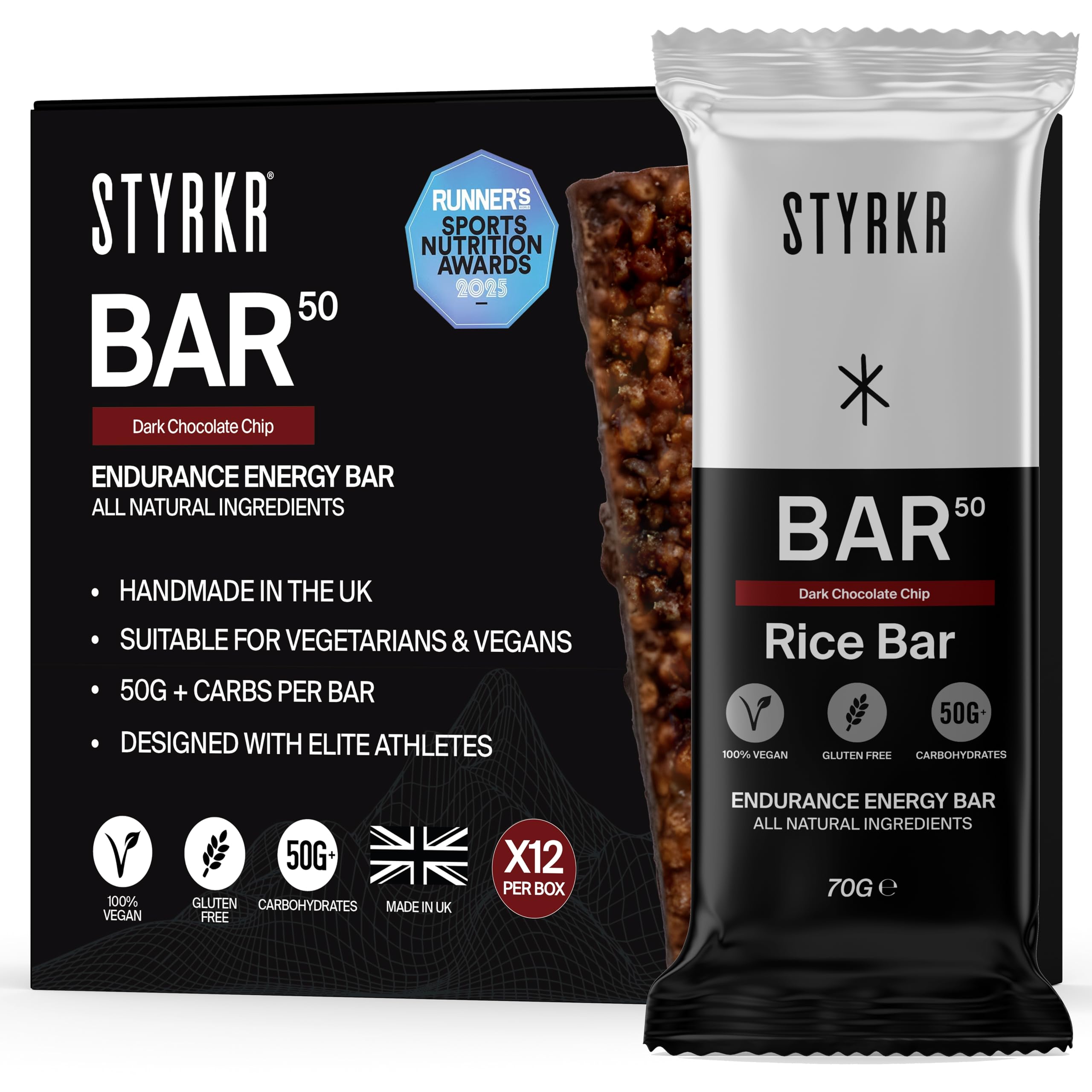 Energy Bars by Styrkr - Pack of 12 Rice Bars for Cycling & Running - Dark Chocolate Chip Flavour - Approved by Endurance Athletes - 50g of Carbs via Advanced Dual-Carb Formulation - BAR50-12x Pack
