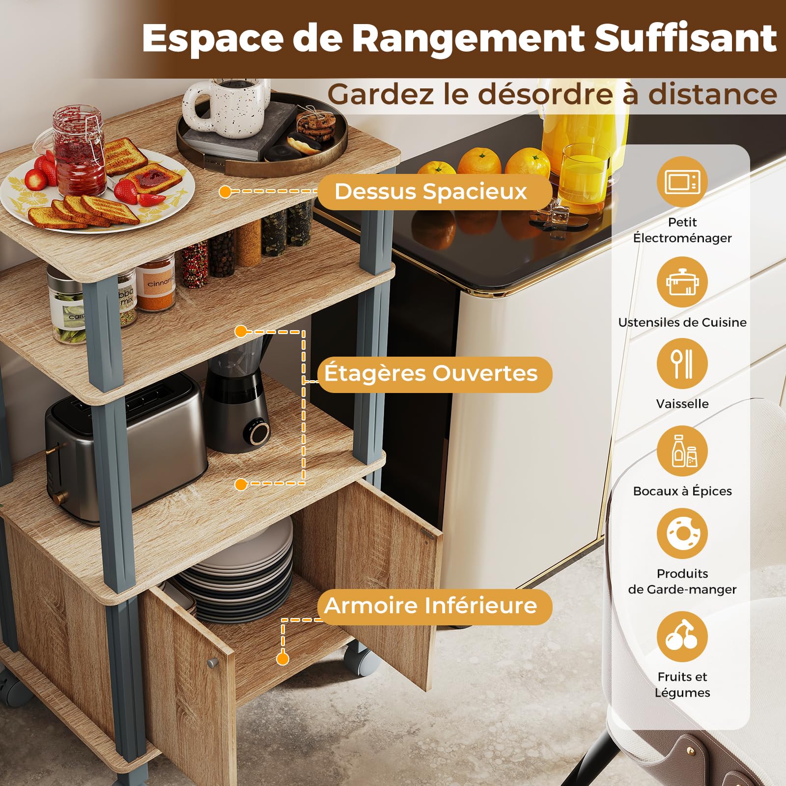 GIANTEX Chariot à roulettes Micro-Onde, Desserte de Cuisine à Micro-Onde avec 4 Roues et 2 Freins, Étagère de Rangement à 3 Niveaux et Placard Portes, 60 x 40 x 98 cm (Chêne)