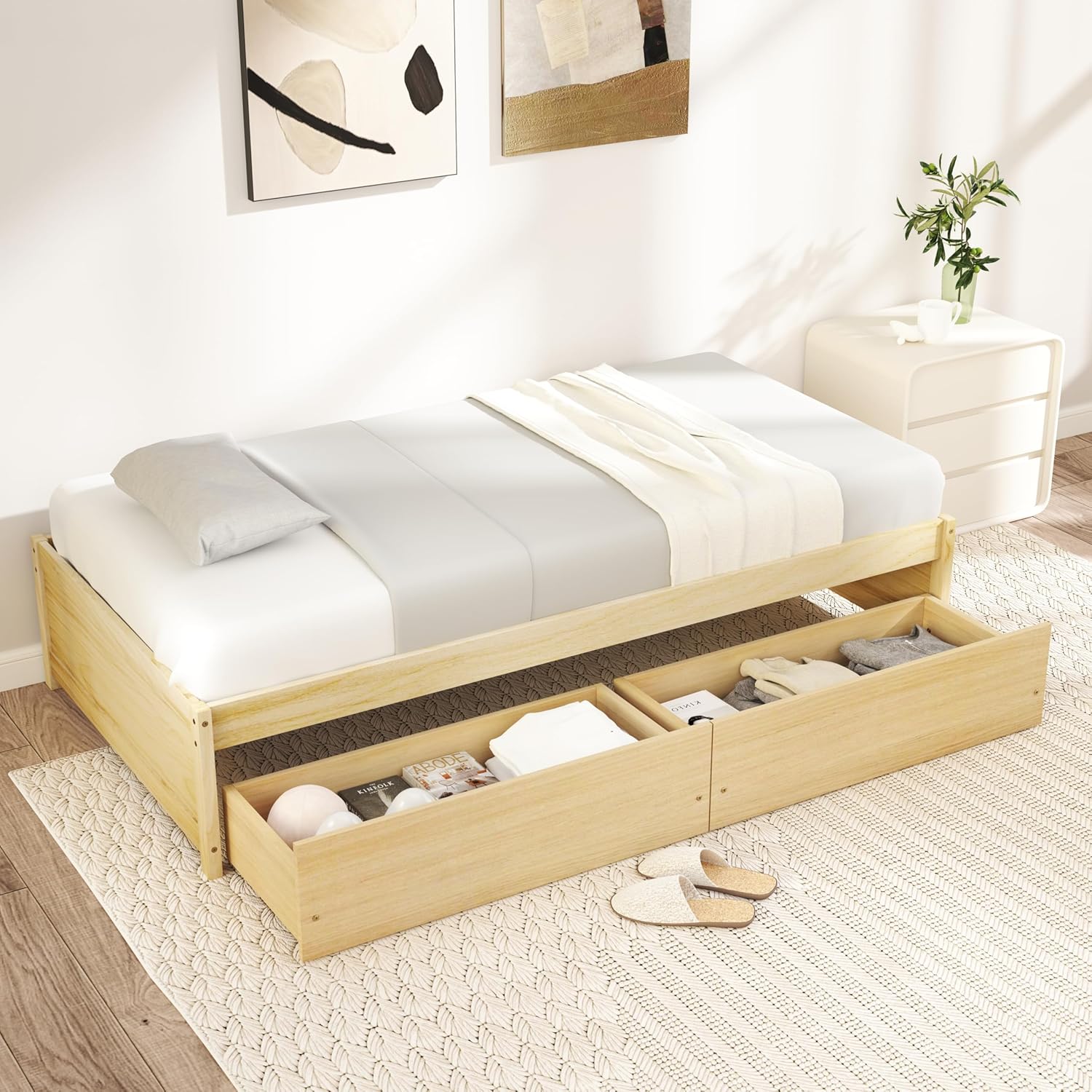 KOMFOTT Twin Bed Frame with 2 Storage Drawers, Wooden Platform Bed with Slats Support, Twin Storage Bed for Kids, Teens, Adults, No Box Spring Needed (Natural)