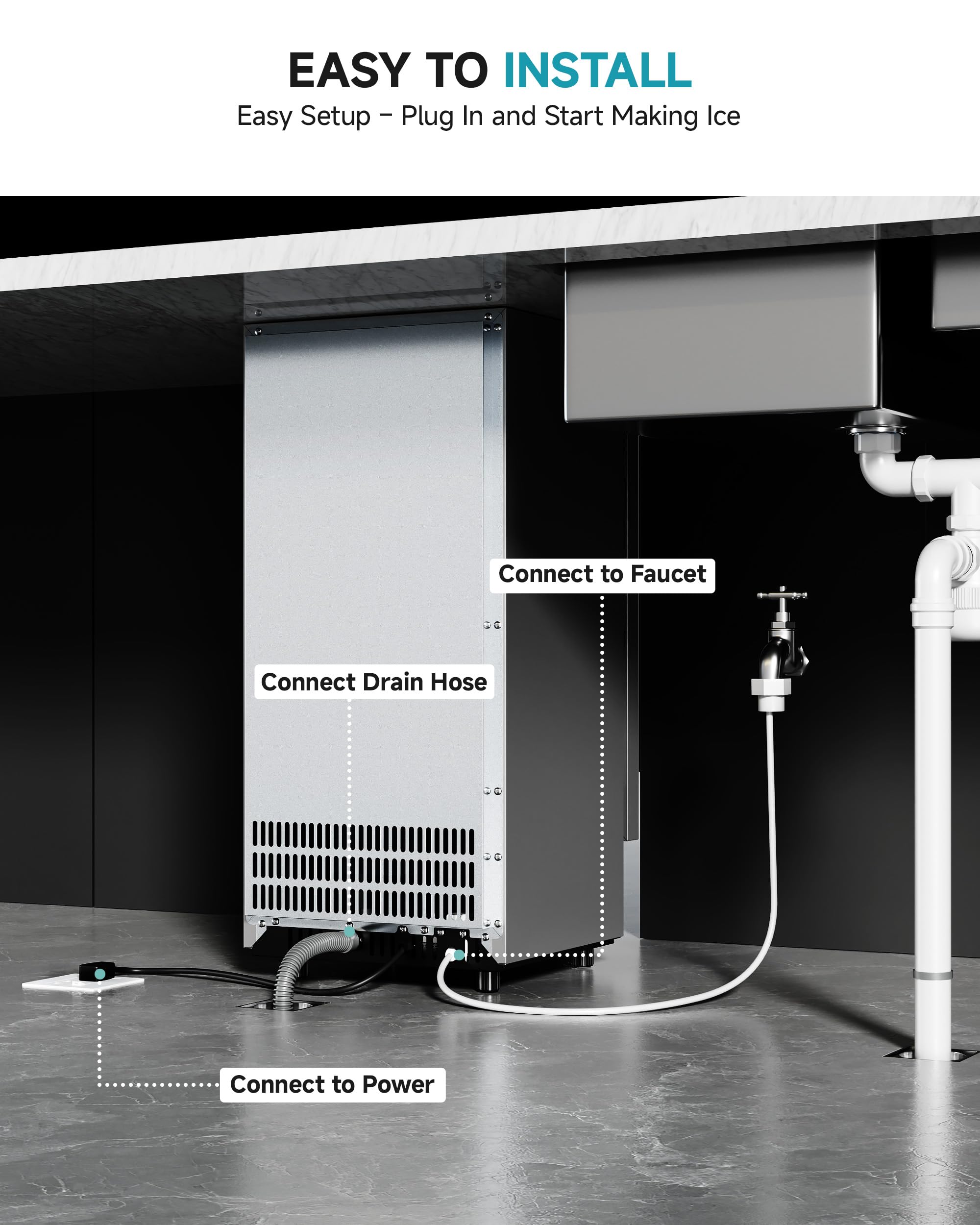 Euhomy Under Counter Nugget Ice Maker Machine, 70lbs/Day, Bulit-In Freestanding Ice Maker With Double Ice Baskets, Self-Cleaning & 24h Timer Ice Machine, For Home Use(Silver) on Fridge.com - View 6