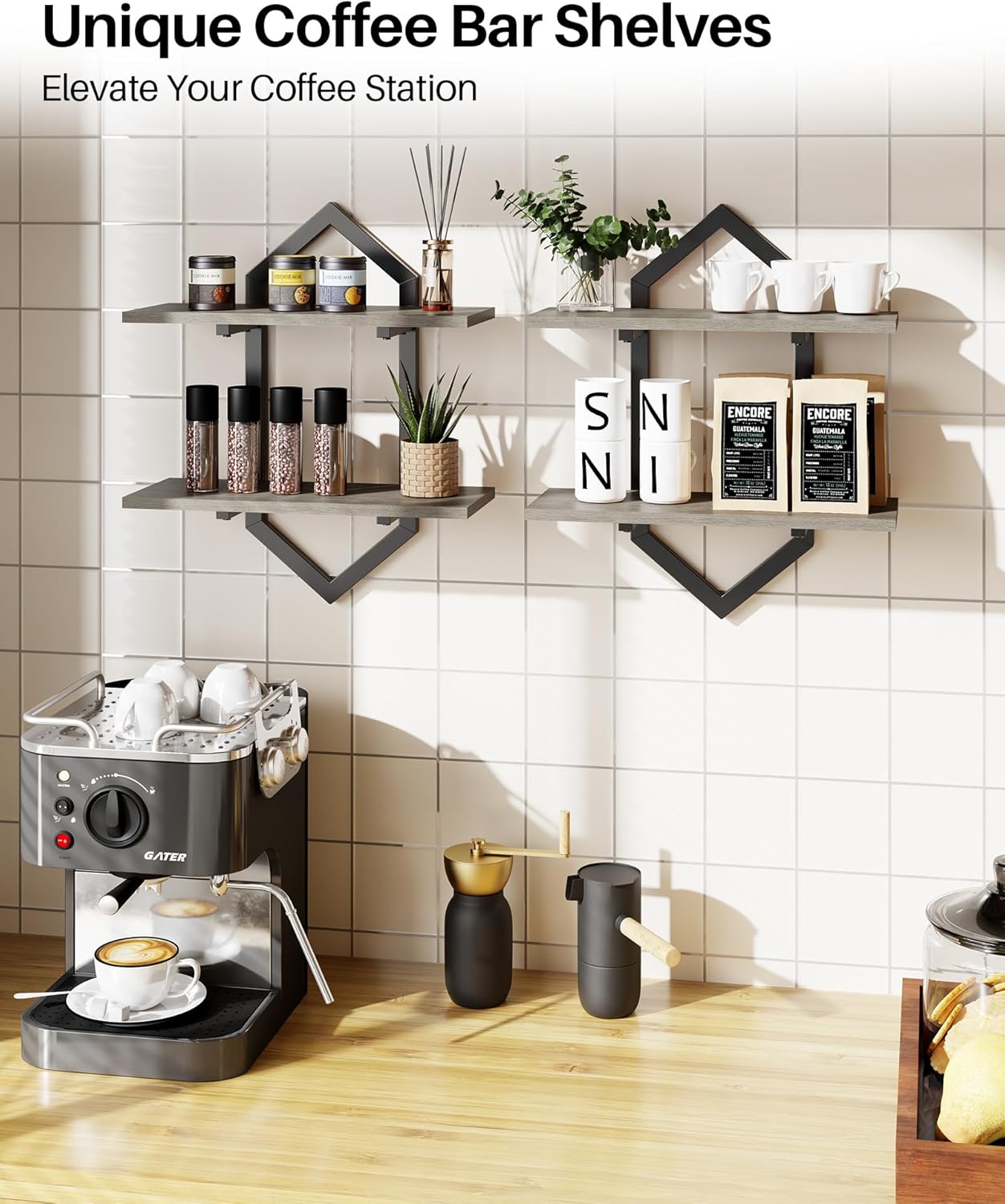 Floating Shelves, Set of 2 Wall Shelf, Wall Mounted Decorative Shelves, 2-Tier Modern Geometric Hanging Storage Shelf for Living Room, Bedroom, Kitchen, Office, Study (Greige + Black)